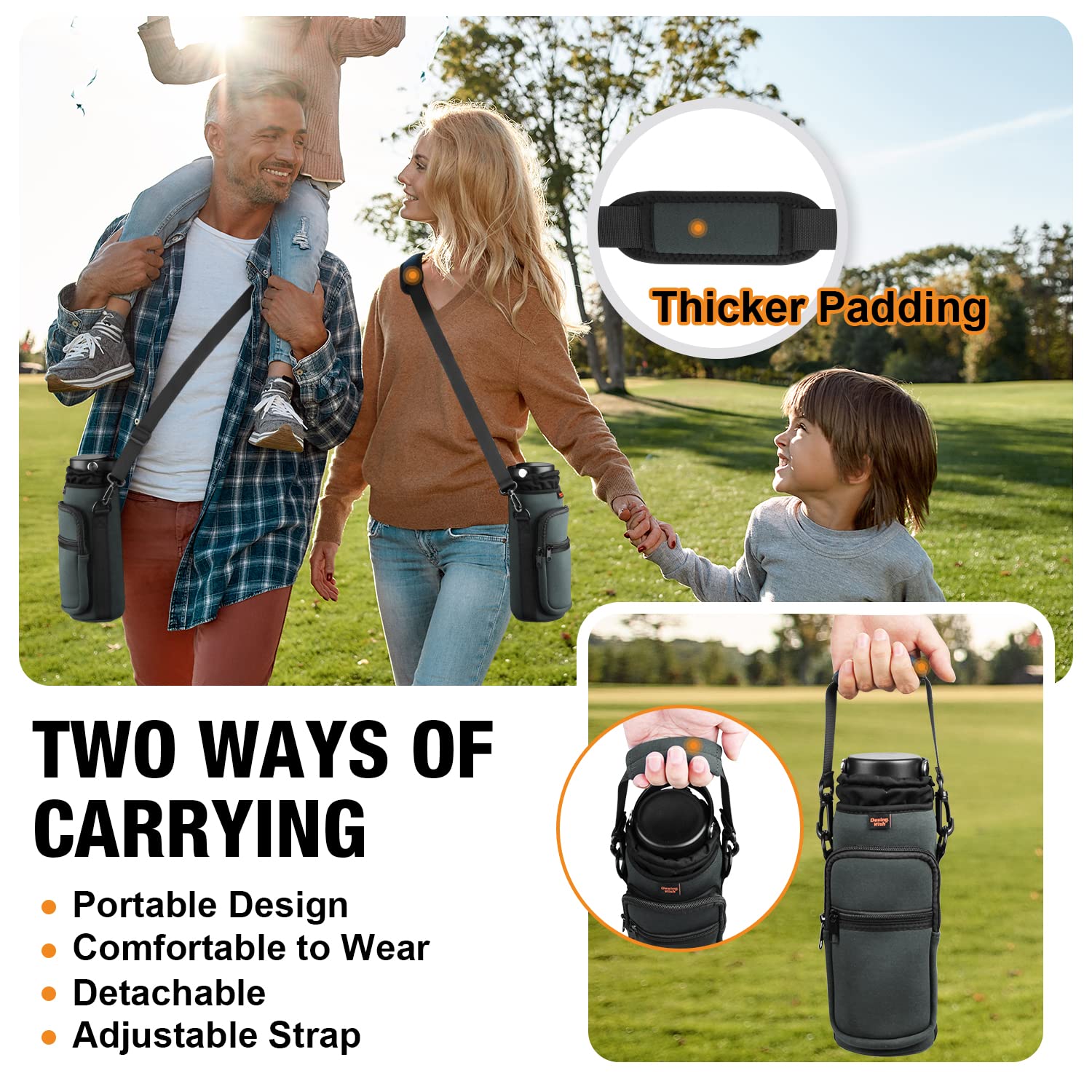 Bike Water Bottle Holder with 2 Pockets & Shoulder Strap - Universal Bottle Cage for Mountain Bikes, Walking Strollers, Scooters - Perfect for Cycling, Hiking & Outdoor Sports