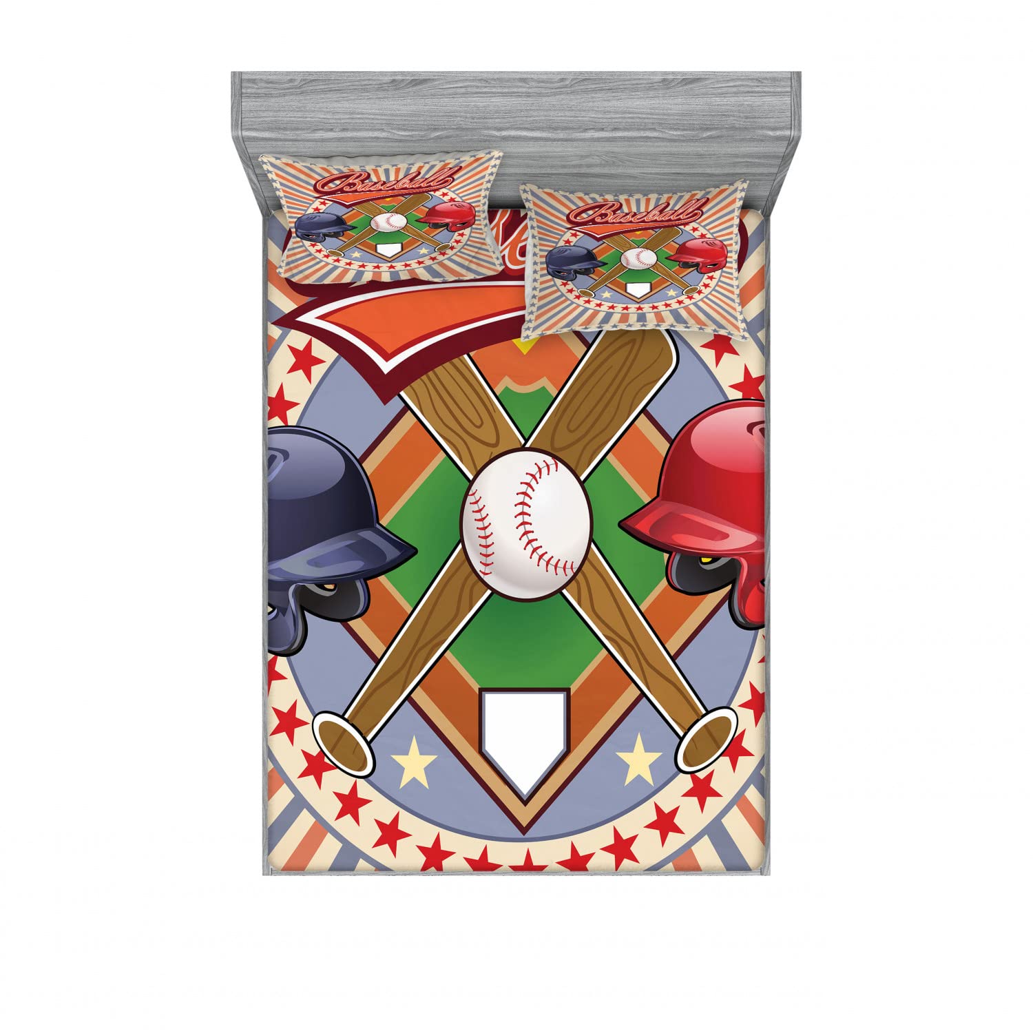 Ambesonne 2-Piece Queen Fitted Sheet Set with 4 Pillow Shams - Retro Pop Art Baseball Design, Vibrant Multicolor Bedding for Modern Home Decor | Perfect for Guest Rooms, Dorms & Themed Bedrooms
