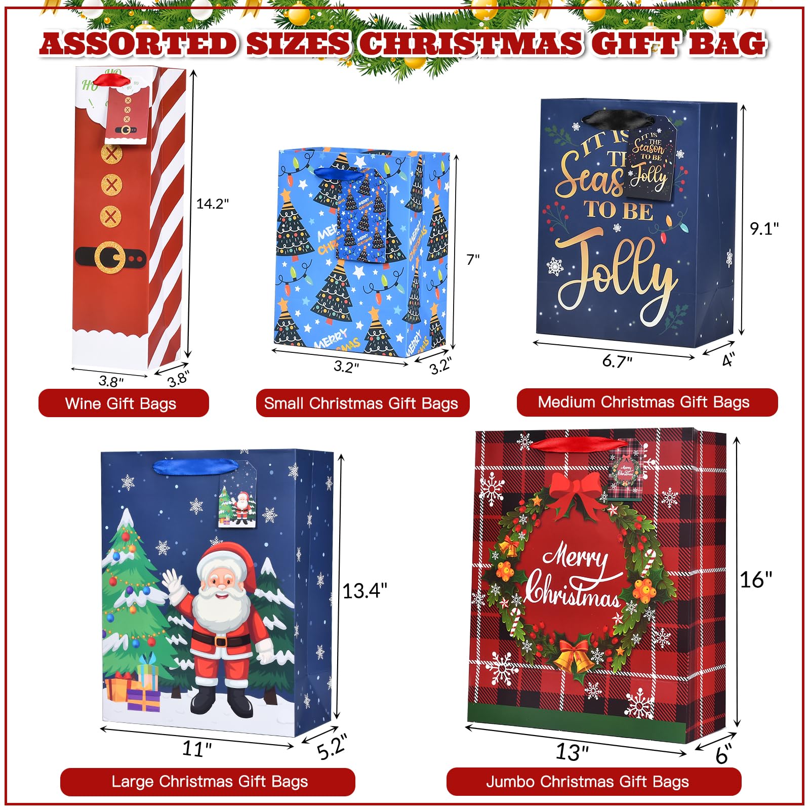 26 PCS Christmas Gift Bags Set - Assorted Sizes (6 X-Large, 6 Large, 6 Medium, 6 Small, 2 Wine Bags) - Holiday Present Wrapping Bags for Christmas Presents, Party Favors & Wine Gifts - Perfect for Home, Office & Festive Celebrations