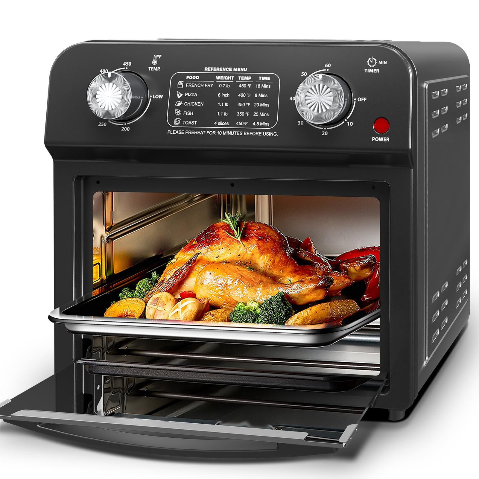 PlumChef 13 Quart 4-Slice Air Fryer Toaster Oven - 1500W 7-in-1 Multifunction Countertop Convection Oven for Roasting, Baking, Grilling, Broiling, Toasting, Dehydrating & Defrosting - Includes Recipe Guide - Perfect for Small Kitchens, Dorms & RV Cooking (Black)