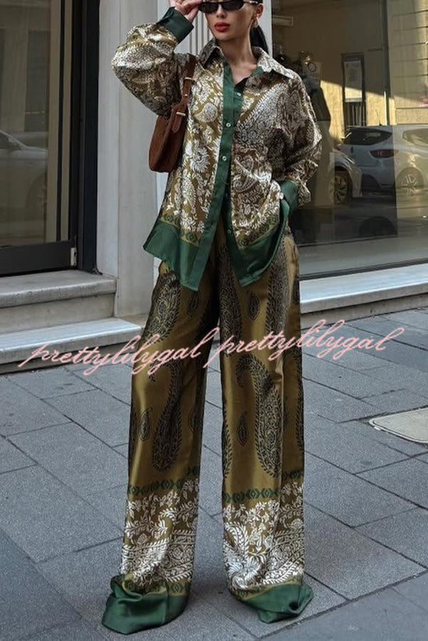 Naya Women's Satin Paisley Print Long Sleeve Shirt & Elastic Waist Pocket Pants Set - Stylish Contrast Color Outfit for Work, Party & Special Occasions