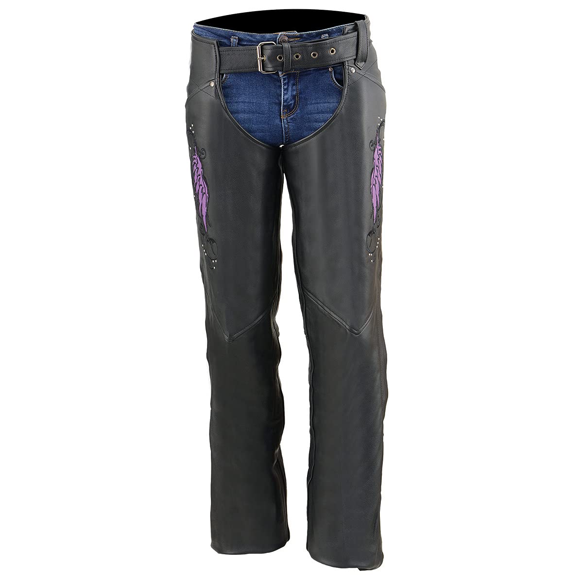 Premium Milwaukee Leather Women's Classic Black Motorcycle Chaps with Wing Embroidery - ML1179 | Durable & Stylish Riding Gear for Harley, Cruiser & Adventure Bikes