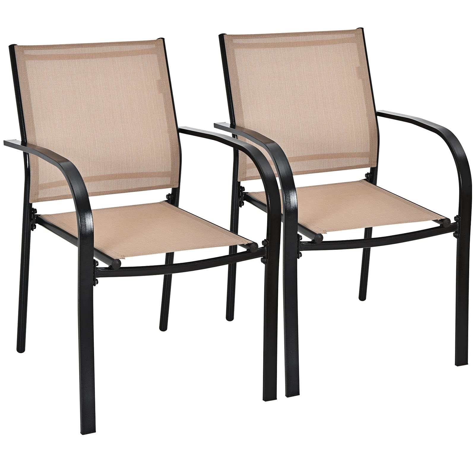 Giantex Set of 2 Outdoor Patio Chairs - Stackable Lawn Chairs with Armrests & Breathable Fabric - 2 Pack Bistro Chairs for Porch, Garden, Backyard, Poolside - Brown & Black - Perfect for Relaxing, Lounging, and Outdoor Dining