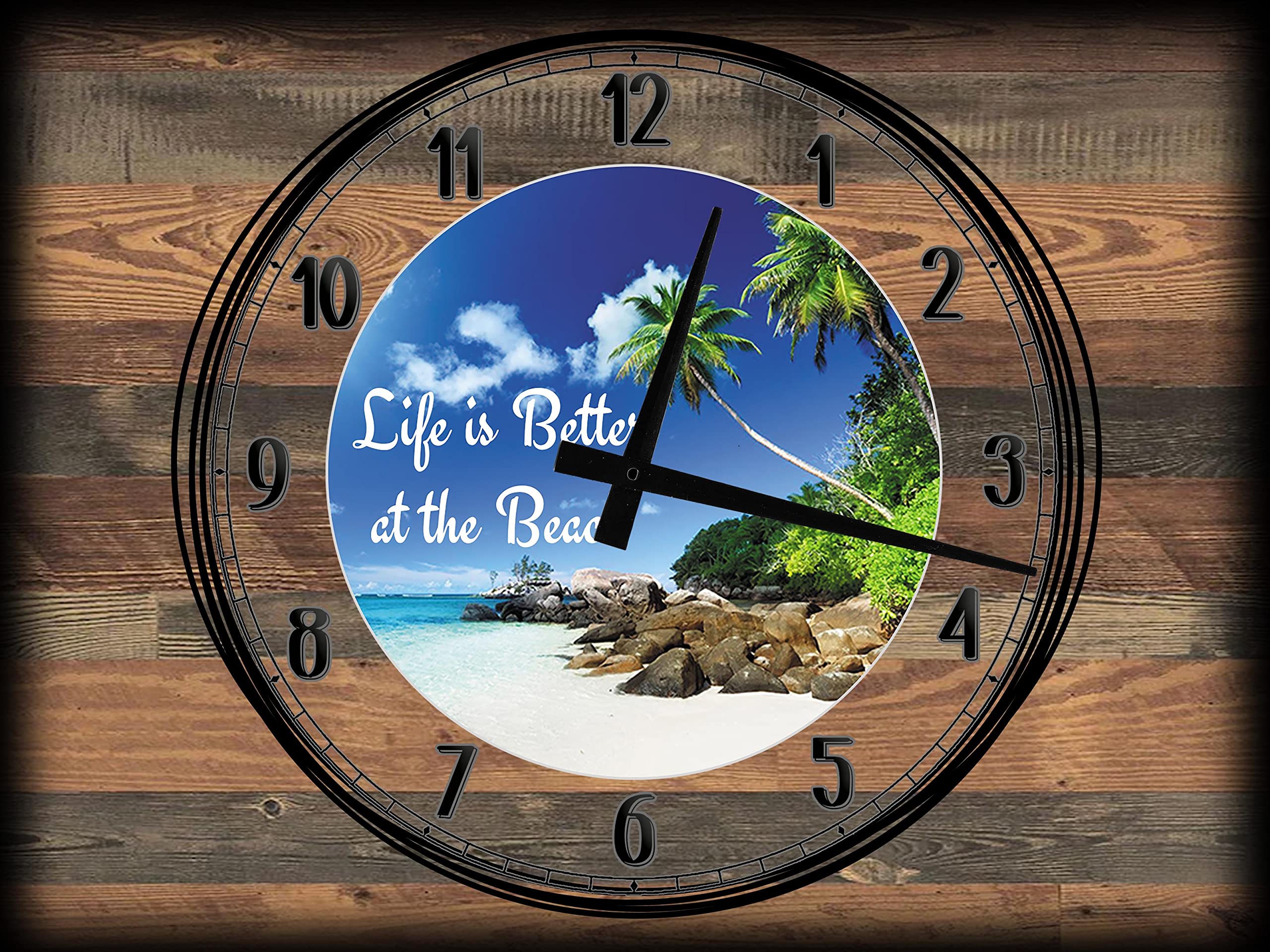 12 x 16 Inch Large Wall Clock Canvas Art - Tropical Beach Theme Decor for Living Room, Bedroom & Office | Brown Wooden Frame Wall Clock
