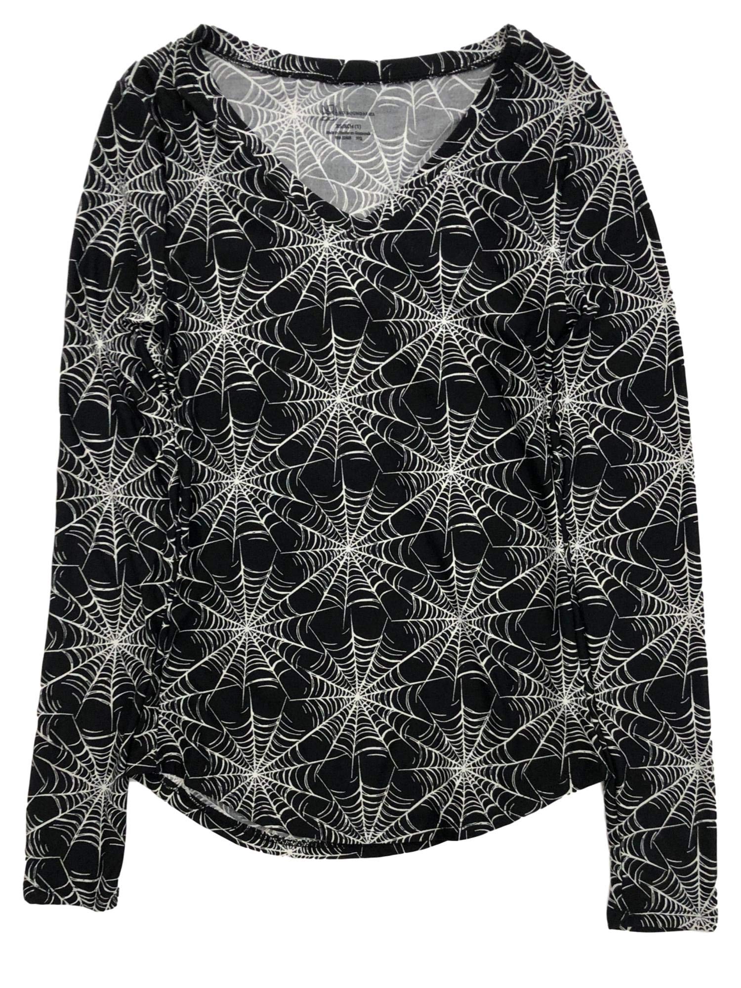 Spider Web Halloween Long Sleeve Shirt for Women & Juniors - Gothic Black & White Graphic Tee for Costume Parties, Trick or Treat, and Spooky Seasonal Fashion