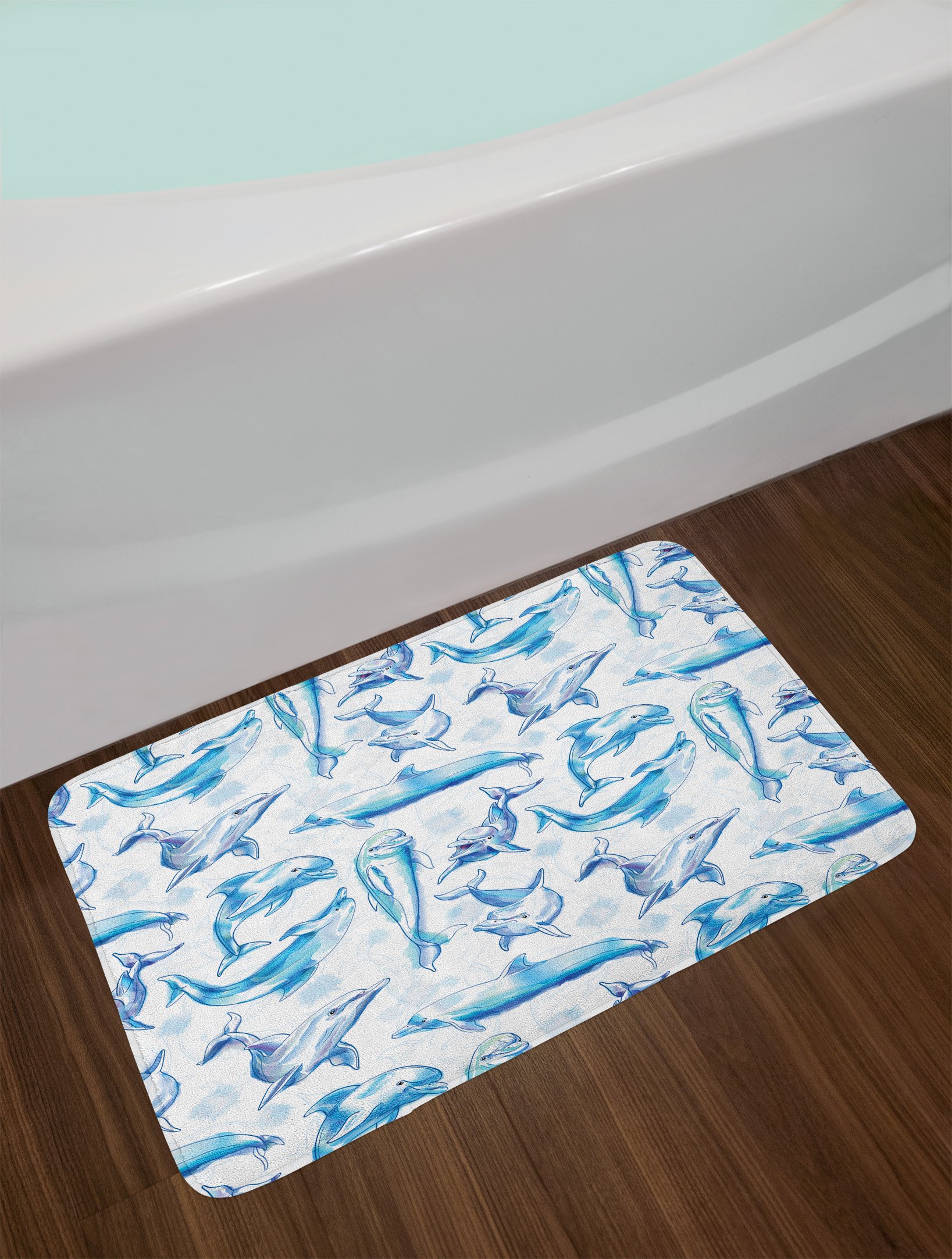 Ambesonne Non-Slip Plush Bath Mat with Sea Animals Print - Sketch of Bottlenose Dolphins Playing in Ocean, 30.2