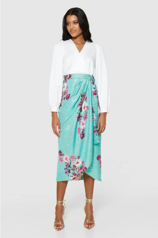 Paula Pencil Wrap Midi Dress in Turquoise - Flattering Bodycon Dress for Work, Date Night & Special Occasions