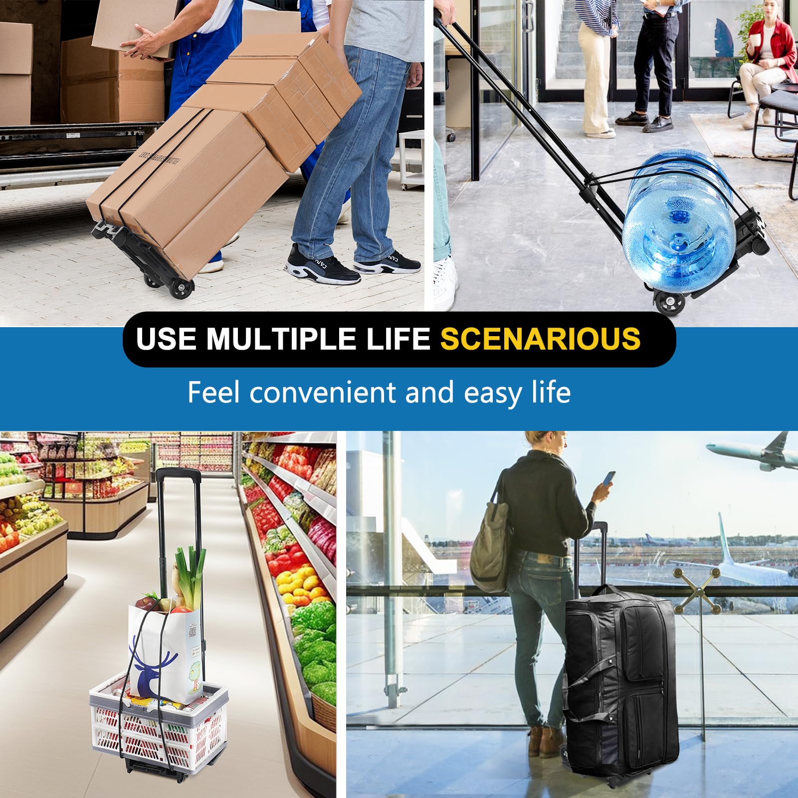 Foldable Hand Truck with Wheels - Lightweight Portable Utility Dolly Cart for Travel, Expandable Luggage Carrier for Airport, Shopping & Moving | Perfect for Suitcases, Packages & Heavy Items
