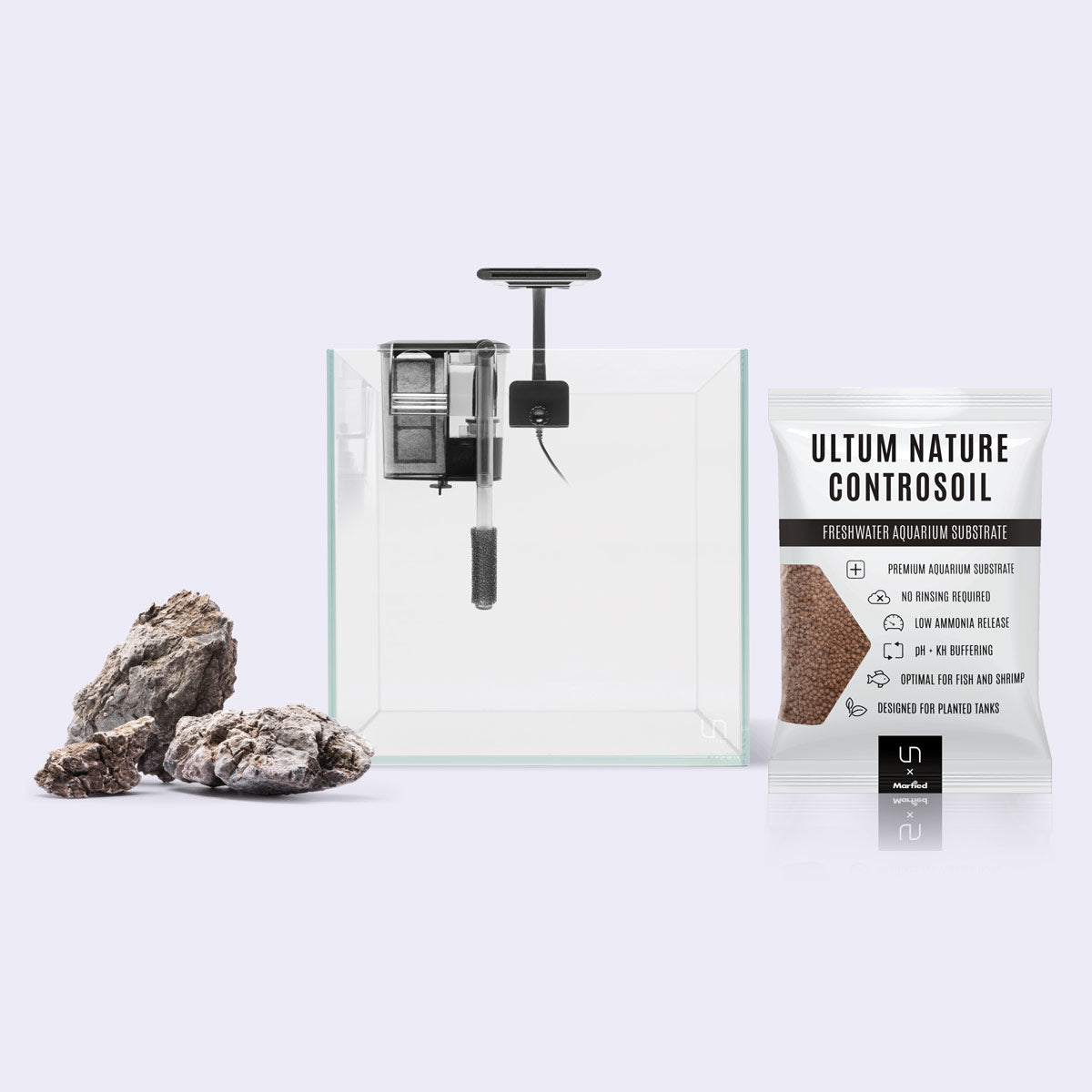 Complete Cube Tank Starter Kit with Decorative Rocks - Perfect for Betta Fish, Shrimp, and Small Aquatic Pets in Home or Office Aquariums