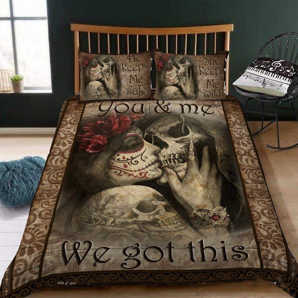 GEEMBI King Size Quilt Bedding Set - Soft Microfiber All Season Bedspread with Pillowcases | Gothic Skull Couple Design for Bedroom Decor | Perfect Gift for Valentine's Day, Anniversary & Couples (King/Queen/Twin)