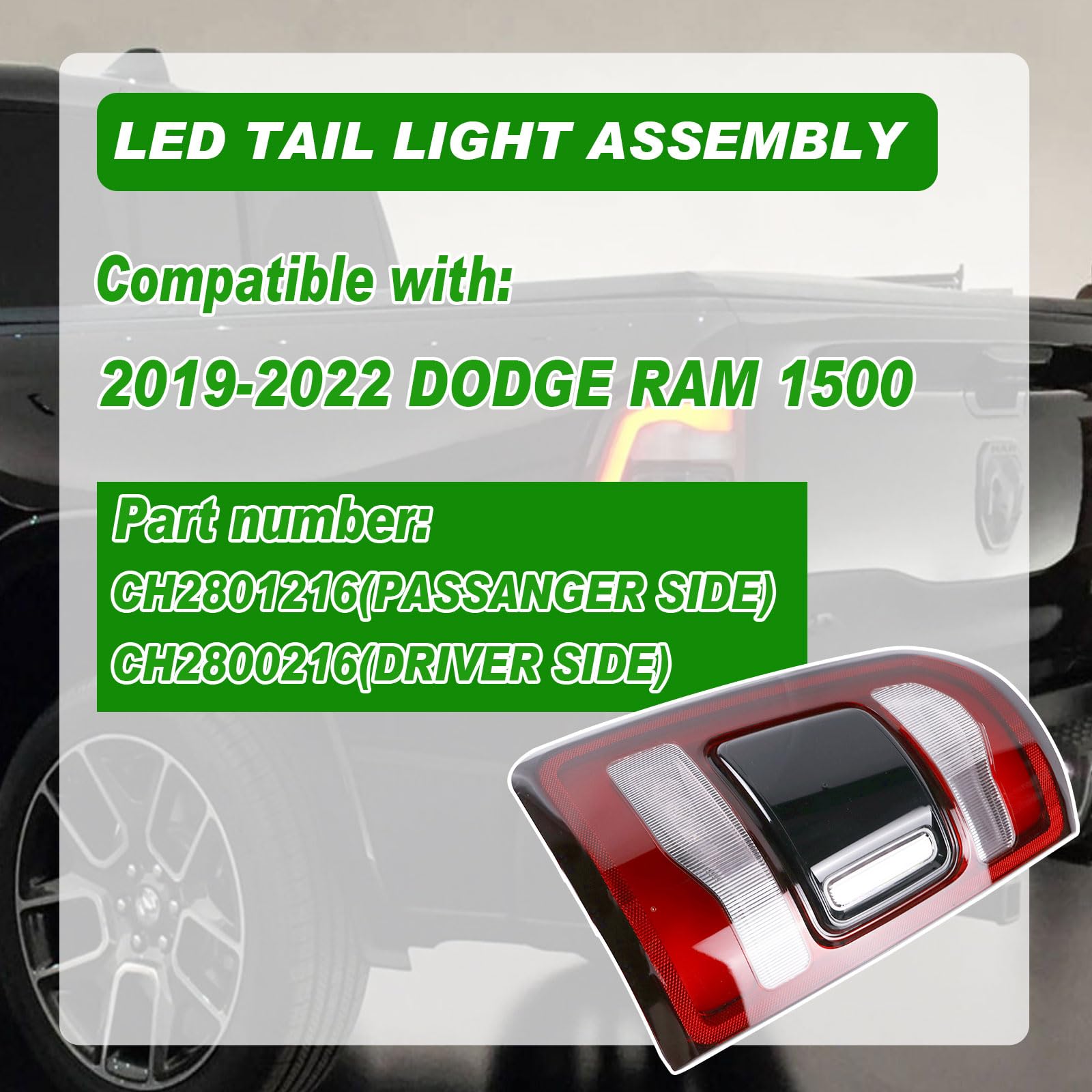 LED Tail Lights Assembly for Ram 1500 (2019-2022) - Driver Side, Black Smoke, No Blind Spot - Replacement for 55112993AB - Enhanced Visibility & Safety for Night Driving & Towing