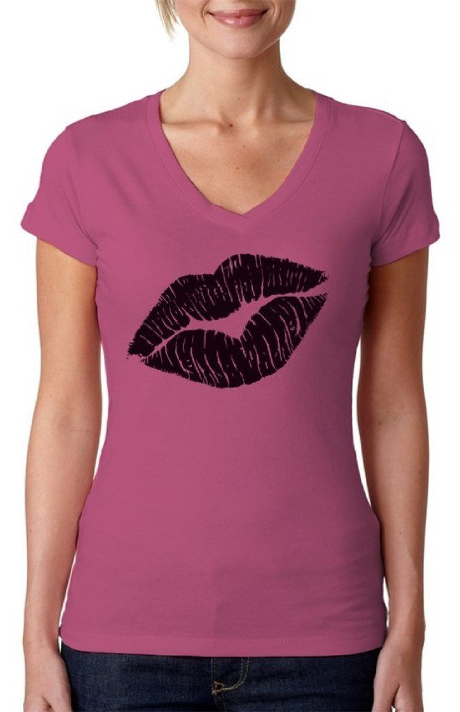 Awkwardstyles Women's Lips V-Neck T-Shirt - Black Funny Kissing Graphic Tee for Casual Wear, Date Night & Girls' Outfits