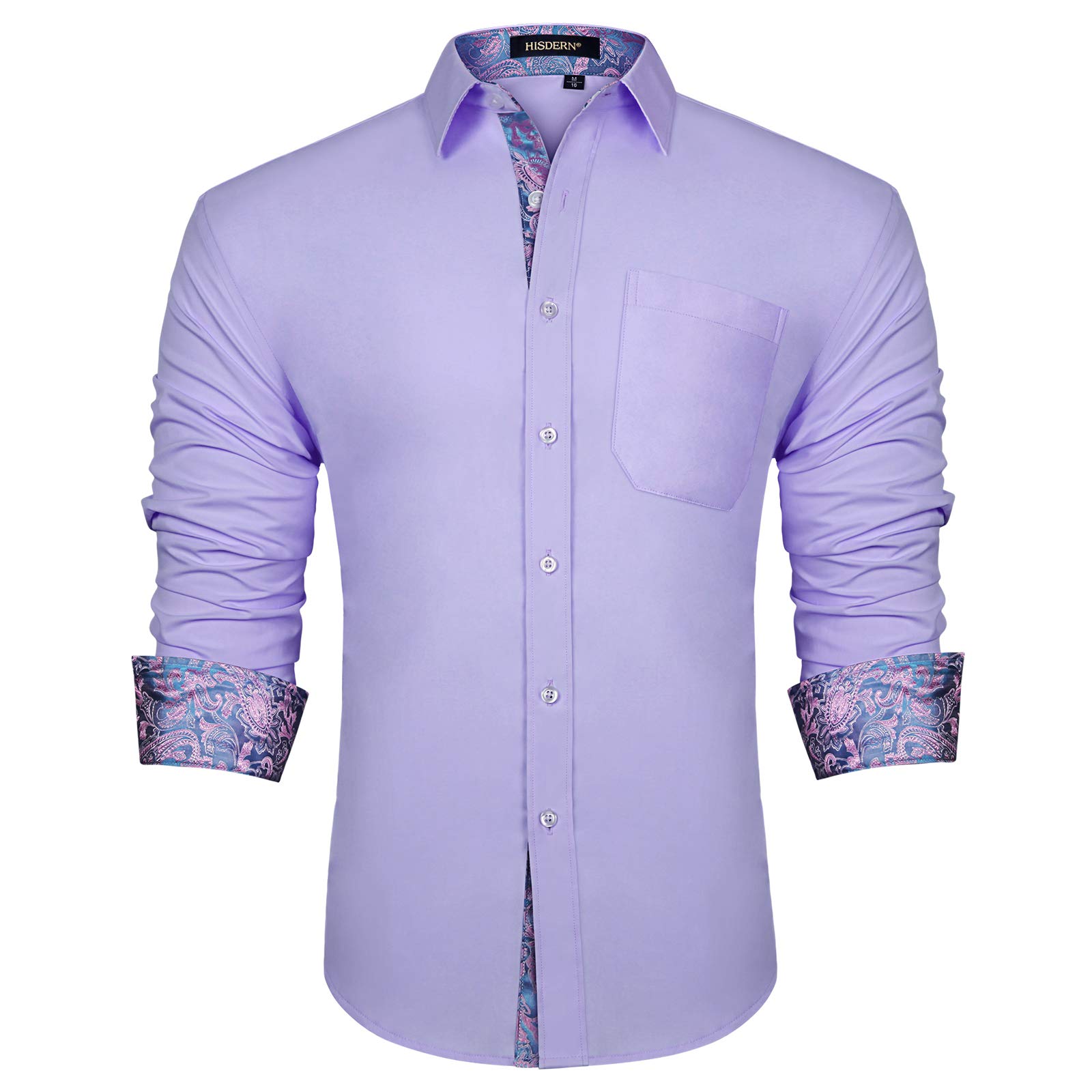 HISDERN Men's Contrast Collar Casual & Formal Button Down Dress Shirt - Long Sleeve Printed Business Shirt for Office, Party & Daily Wear - Regular Fit Comfortable Men's Shirt