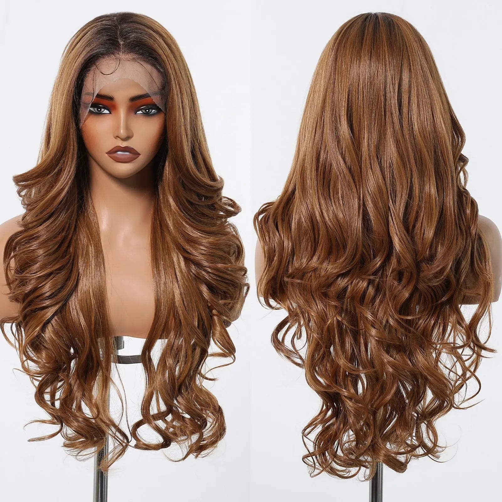 Long Brown Blonde Highlight Synthetic Hair Wig for Women - Natural Looking Straight Shoulder Length Cosplay Costume Party Daily Wear