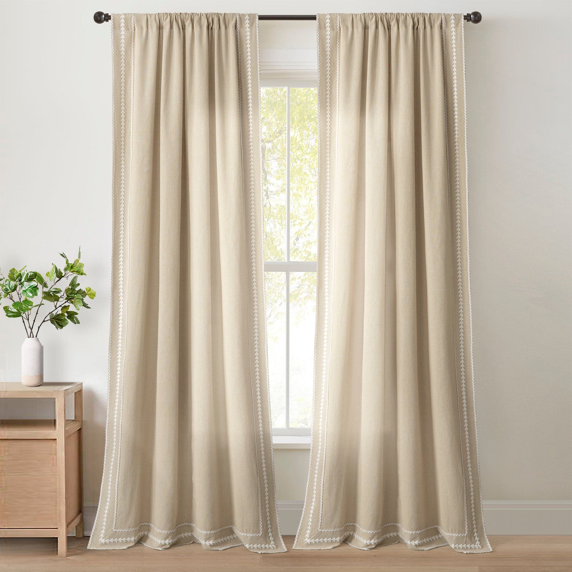 Olivia Ric Rac Embroidery Border Window Curtain Panel - Elegant Lace Trimmed Drapes for Living Room, Bedroom & Kitchen Decor