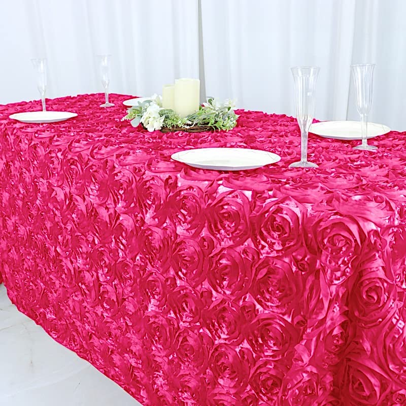 BalsaCircle 90x132 Inch Fuchsia Pink Satin Tablecloth with Raised Rosette Embroidery - Elegant Rectangle Table Cover for Wedding, Party, Banquet & Formal Dining Room Decor