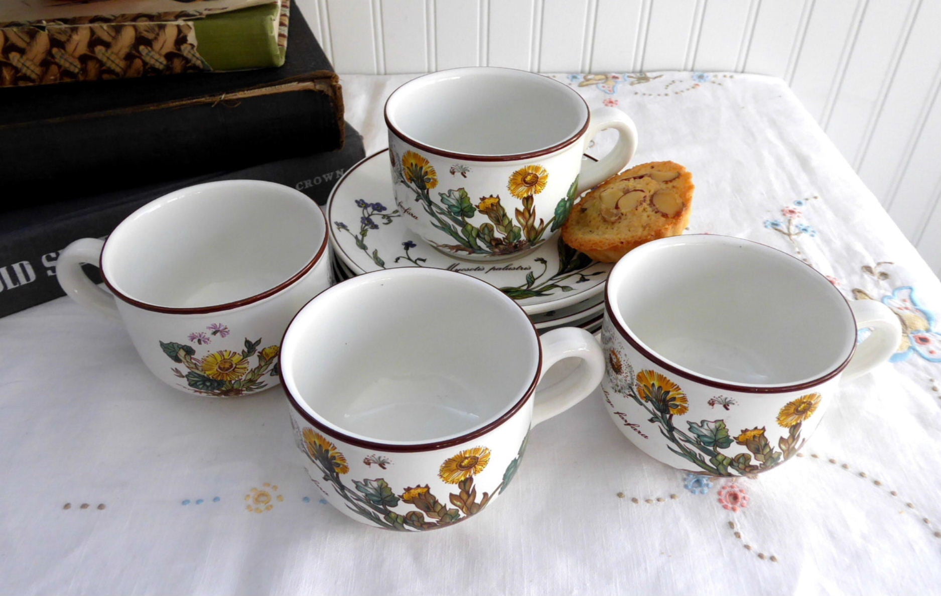 Villeroy & Boch Botanica 4-Piece Stoneware Coffee Cup and Saucer Set with Botanical Names - Vintage 1980s Dinnerware for Tea, Coffee, or Collectible Display