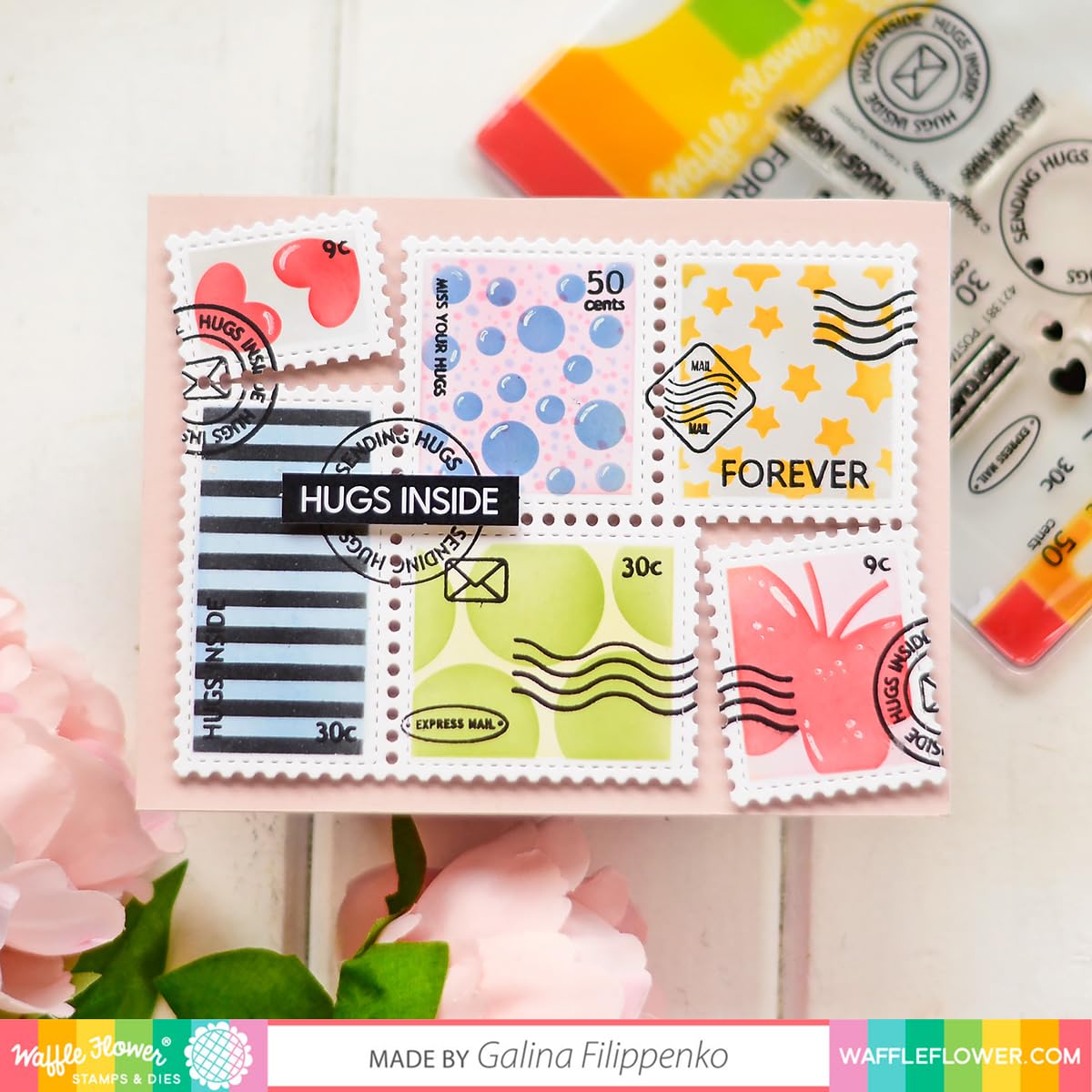 Waffle Flower Postage Collage Stamp Set for Card Making, Scrapbooking & DIY Crafts - Vintage Style Rubber Stamps for Handmade Greeting Cards, Journals and Stationery