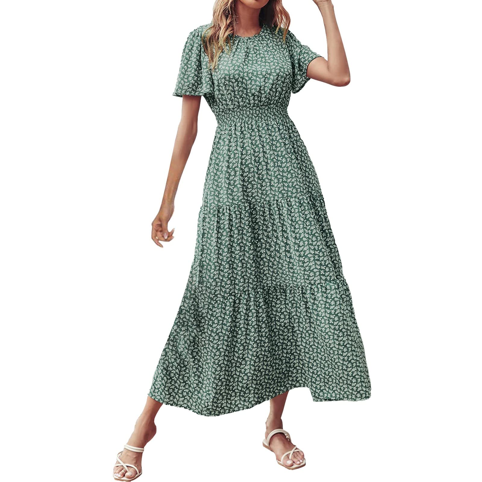 Lnmuld Maternity Midi Dress for Women - Short Sleeve O-Neck Smocked Elastic Waist Tiered Pregnancy Dress | Perfect for Casual Wear, Baby Showers & Maternity Photos