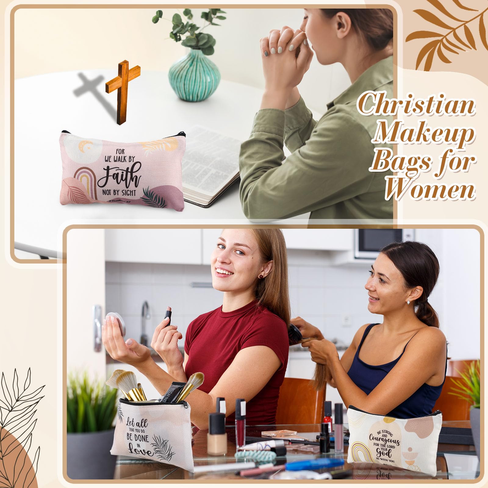 8 Pcs Christian Makeup Bags with Bible Verses - Religious Gifts for Friends