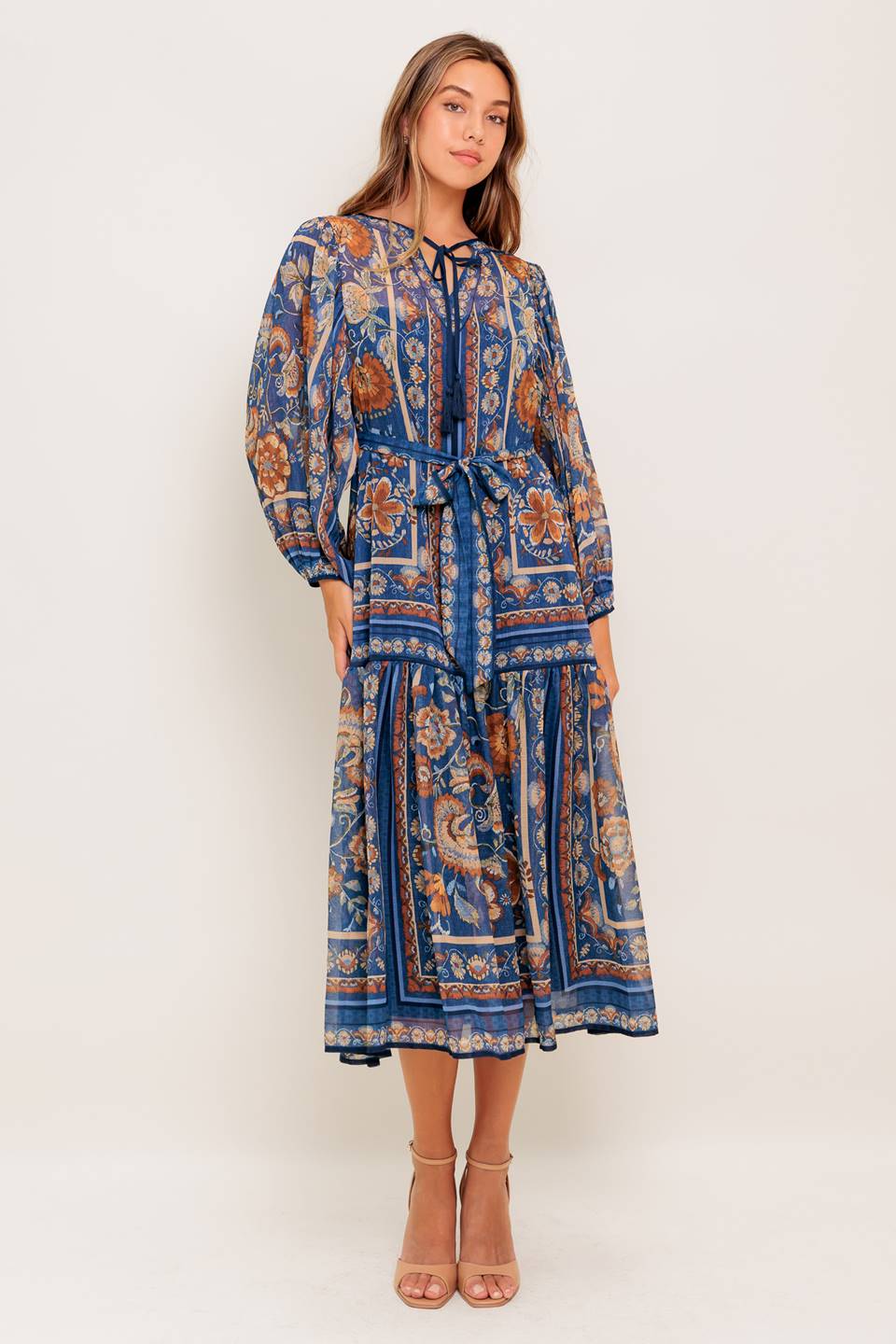 Bohemian Blue Midi Dress with Tapestry Print - Perfect for Beach Vacations, Summer Parties & Boho Fashion