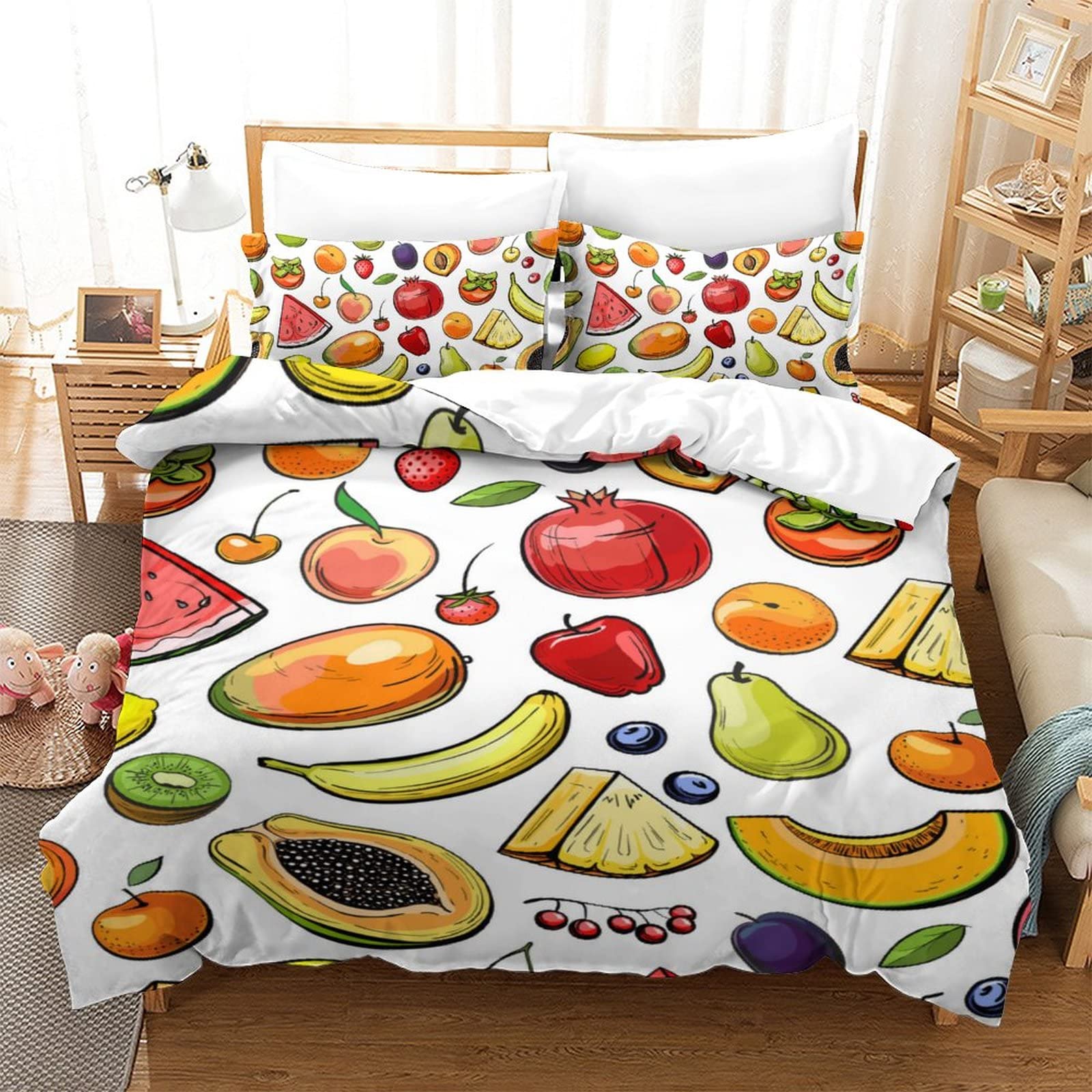 Colorful Summer Fruit & Vegetable Duvet Cover Set - Lightweight Soft Comforter Cover with Zipper Closure for Bedroom Decor | Perfect for Tropical, Boho, or Kids Room Themes