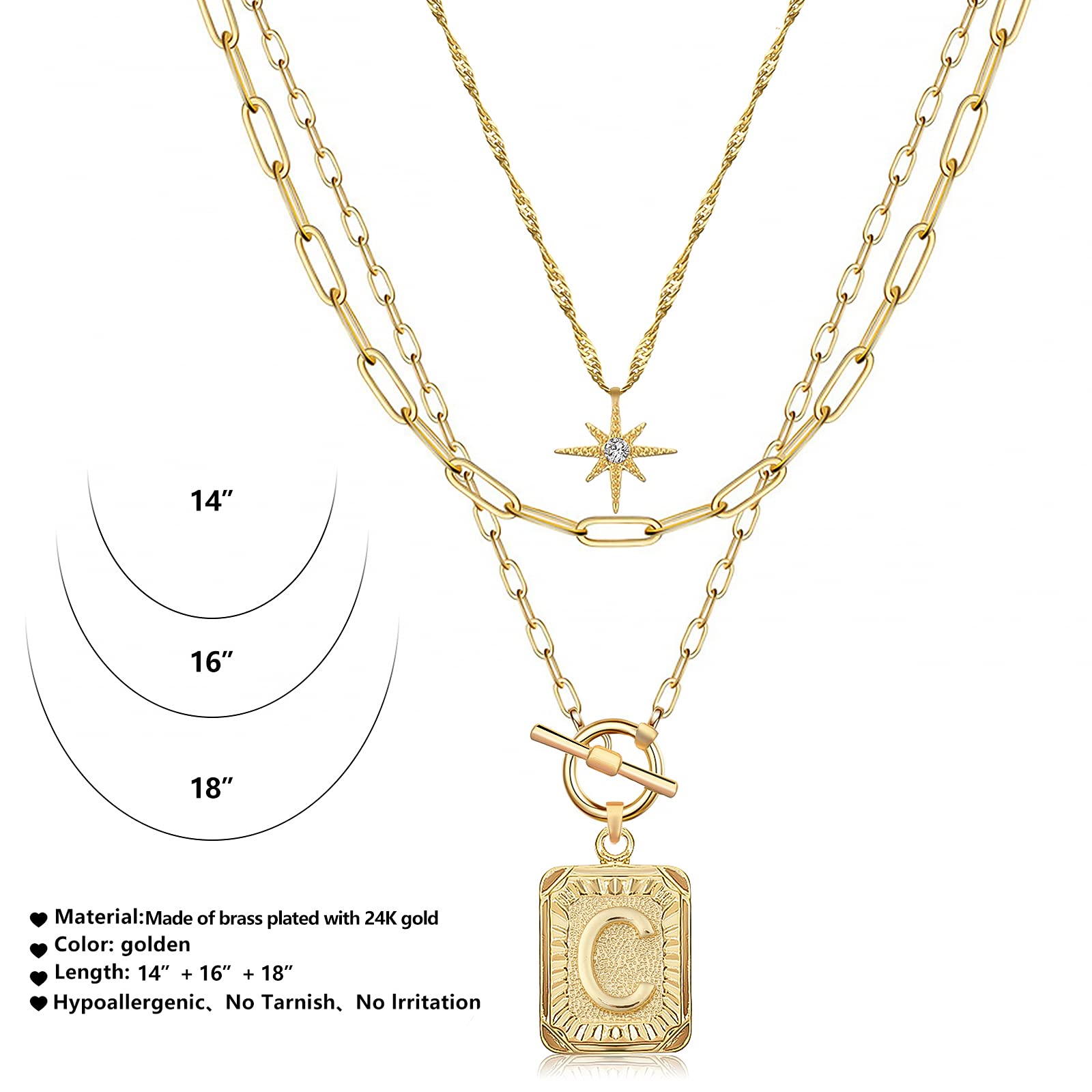 MJartoria 14K Gold Plated Initial Necklace for Women - Trendy Layered Star Choker with Square Letter Pendant & Paperclip Chain | Elegant Gold Necklace Jewelry Gift for Her | Perfect for Date Night, Anniversary or Birthday Present