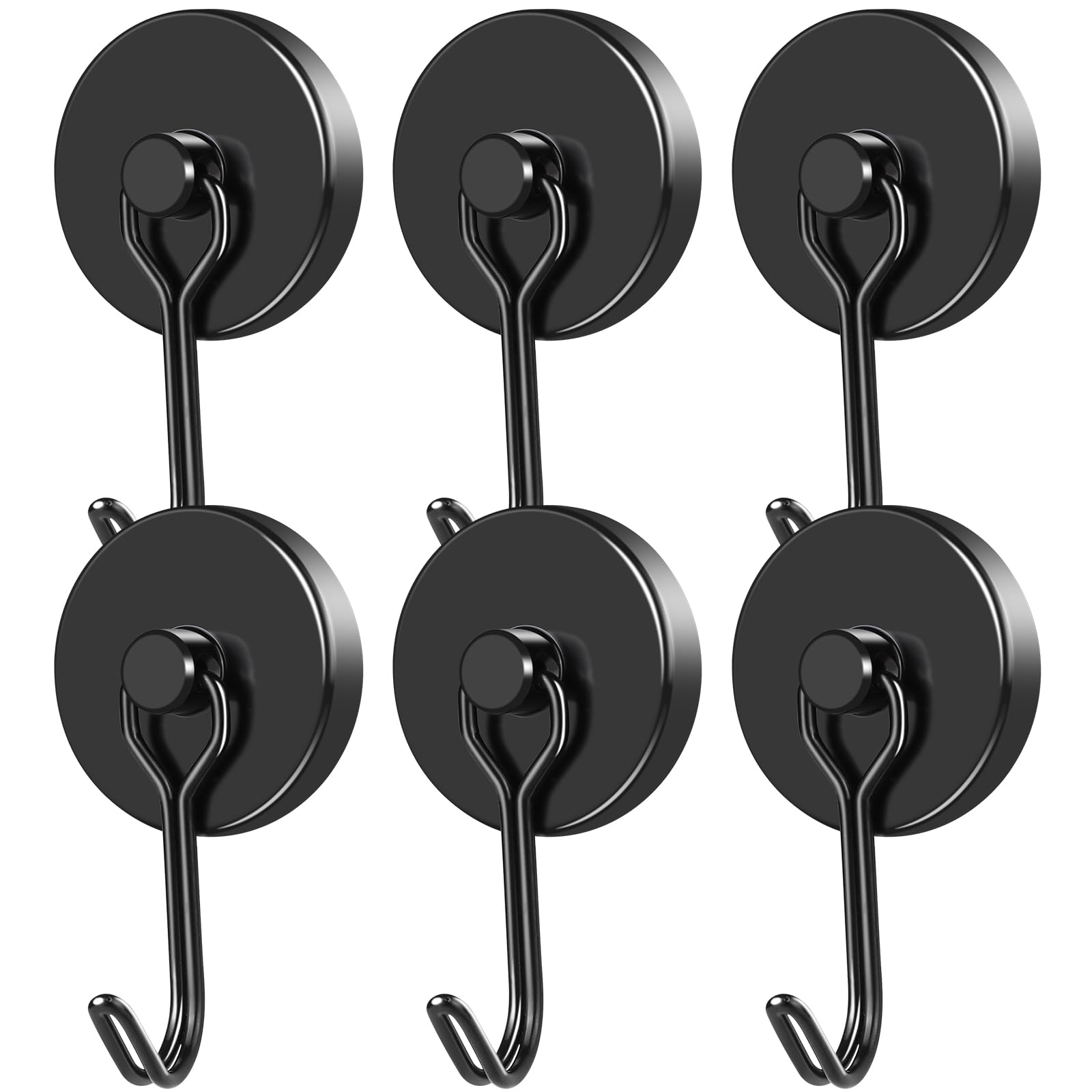 MIKEDE 110LB Heavy Duty Neodymium Magnetic Hooks - 6 Pack Strong Swivel Rustproof Black Magnet Hooks for Fridge, Garage, Cruise, Indoor & Outdoor Hanging - Perfect for Organizing Kitchen, Workshop, RV and Metal Surfaces