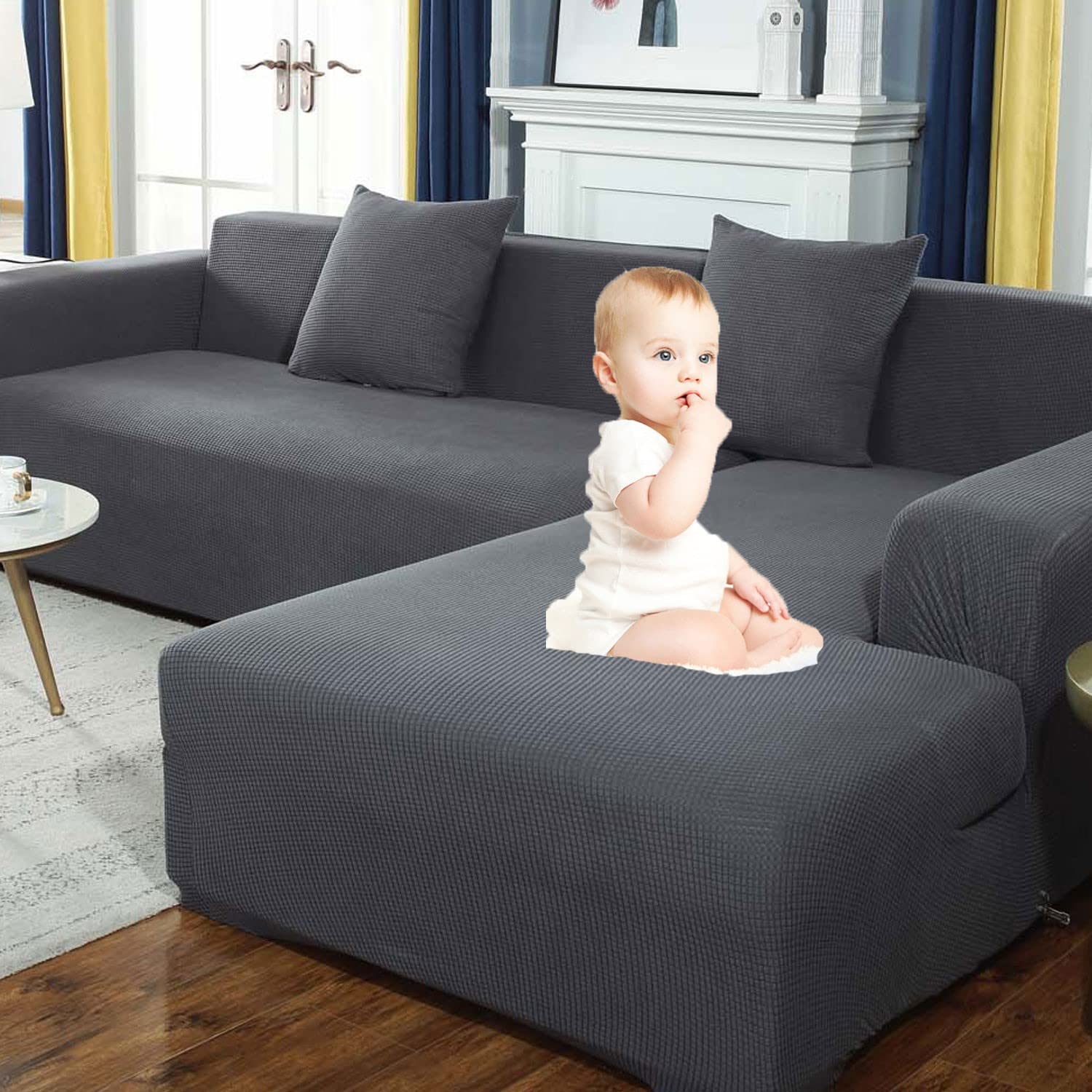 L-Shaped Sectional Sofa Covers for 3-Cushion Couches - Stretchable Pet-Friendly Furniture Protector for Living Room - Includes 2-Piece Sofa Slipcovers & 2 Pillowcases (Black) - Perfect for Dog Owners & Home Decor Protection