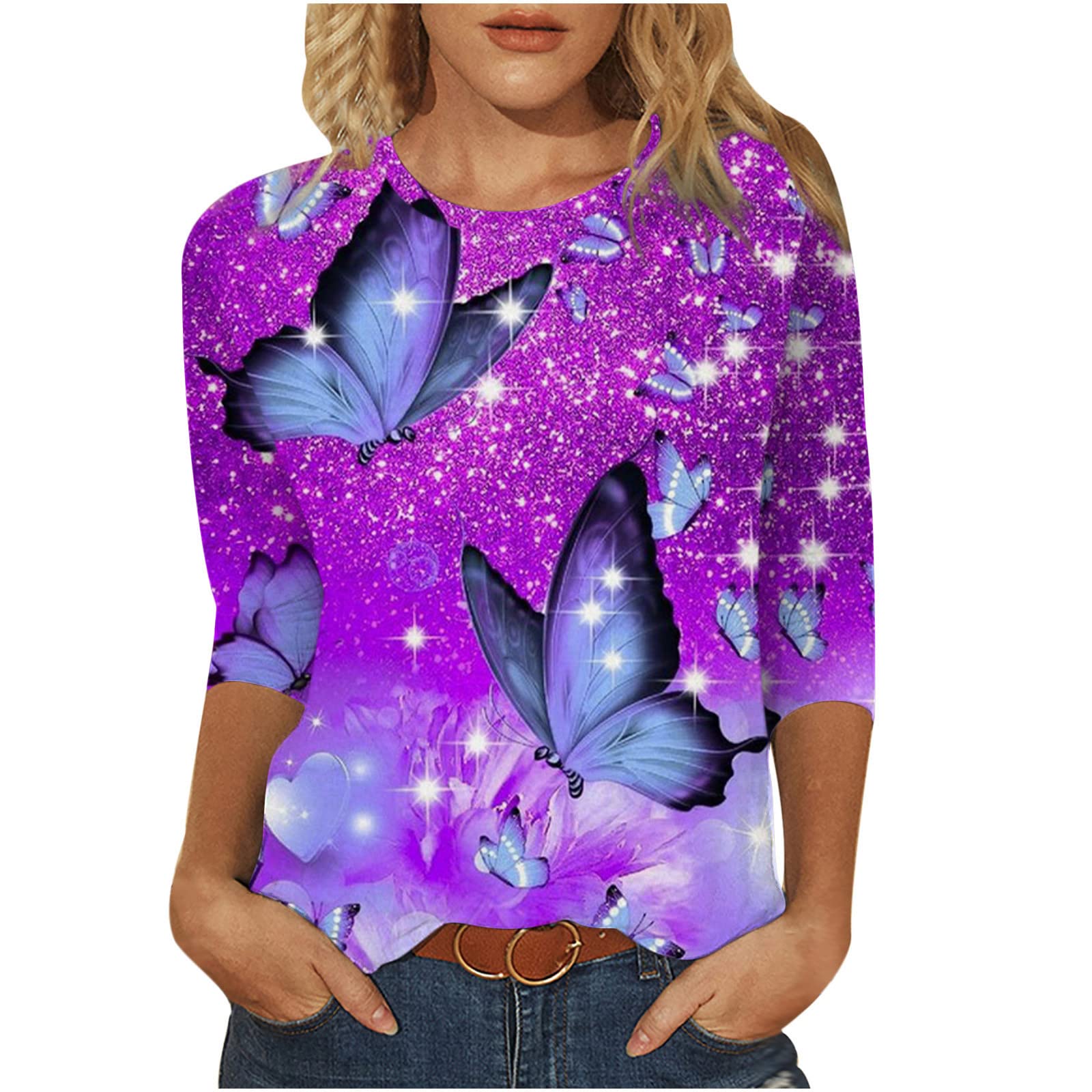 Women's 3/4 Sleeve Floral Print T-Shirt - Casual Loose Round Neck Blouse Top for Fall | Cute Floral Tee for Everyday Wear, Office & Date Nights