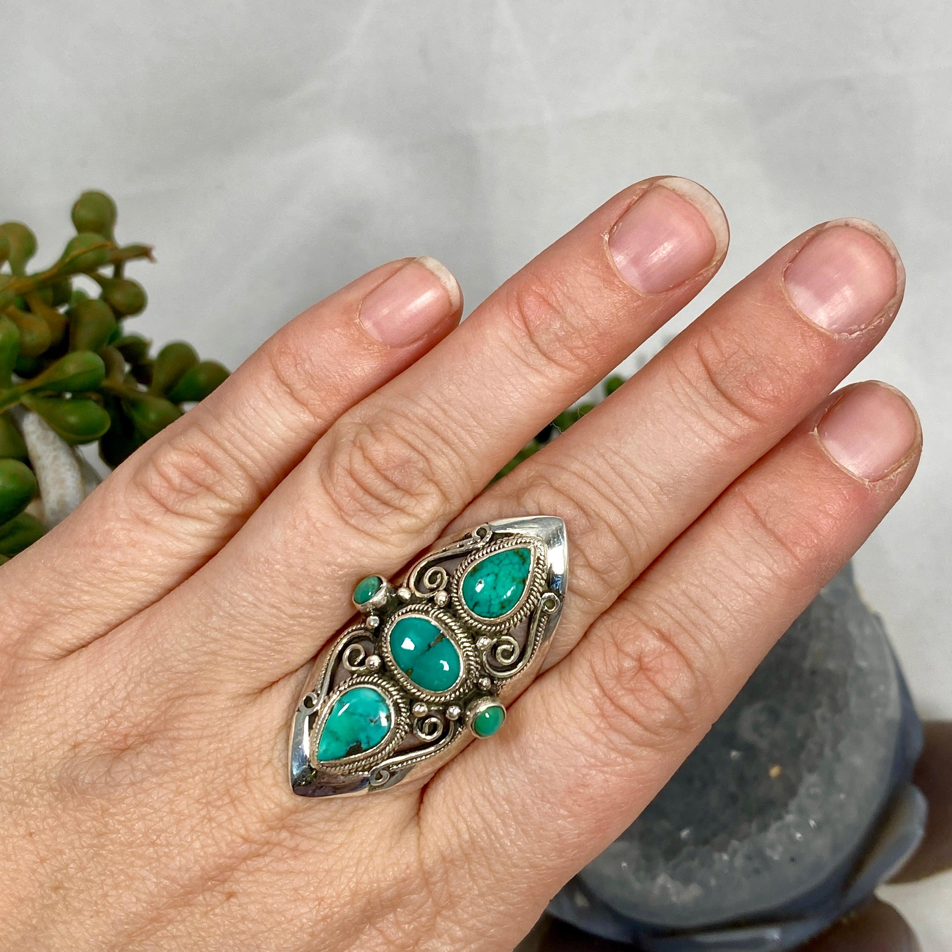 Boho Style Turquoise Multi Stone Ring for Women - Size 8 (R4068) | Handmade Bohemian Jewelry for Casual Wear, Festivals & Gift Giving