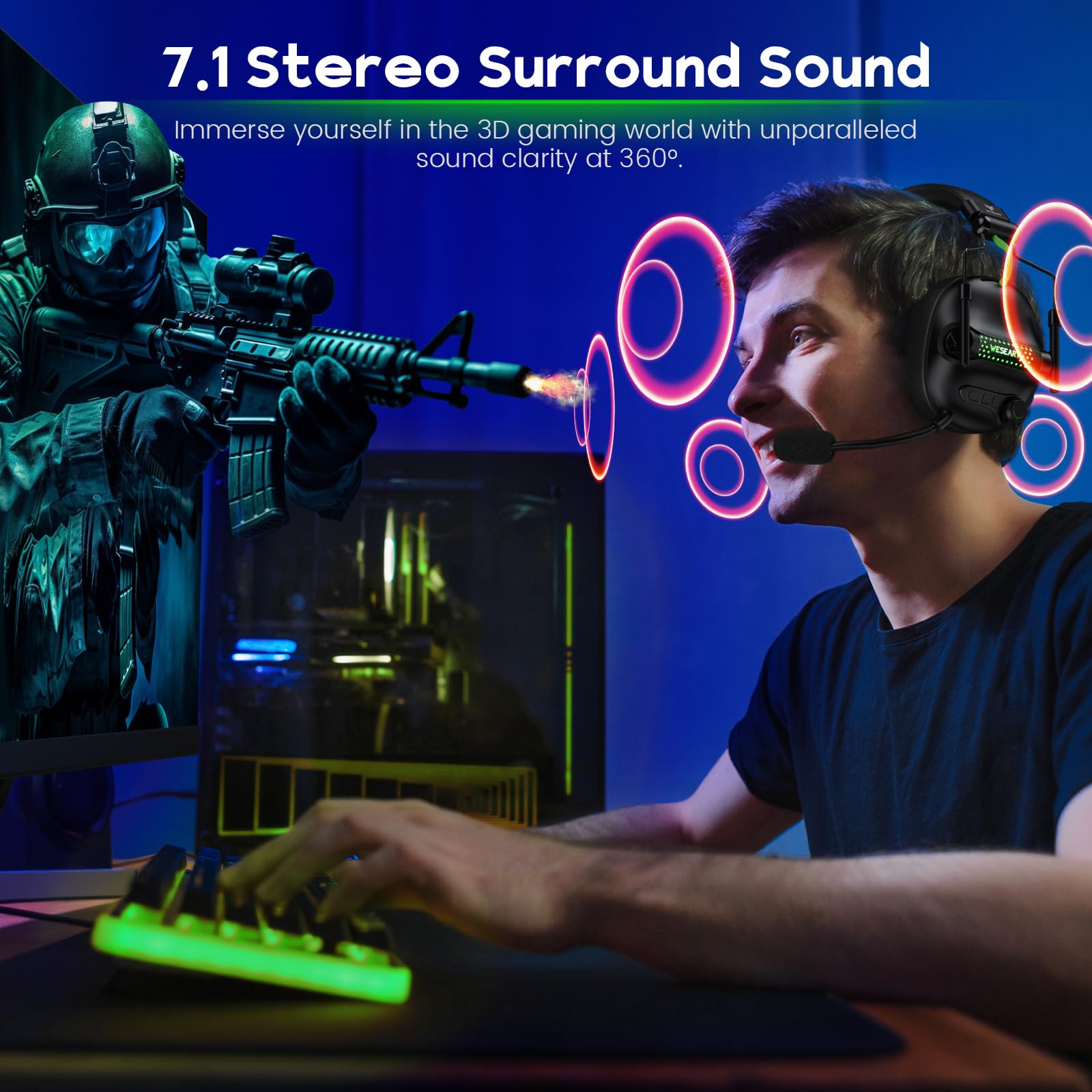 WG2 Wireless Gaming Headset with Microphone - 7.1 Surround Sound Bluetooth Headphones for PS5, PS4, PC, Nintendo Switch & Mac | 2.4GHz Lossless Audio, 50-Hour Battery Life & Cool LED Lights | Perfect for Competitive Gaming, Streaming & Online Chatting