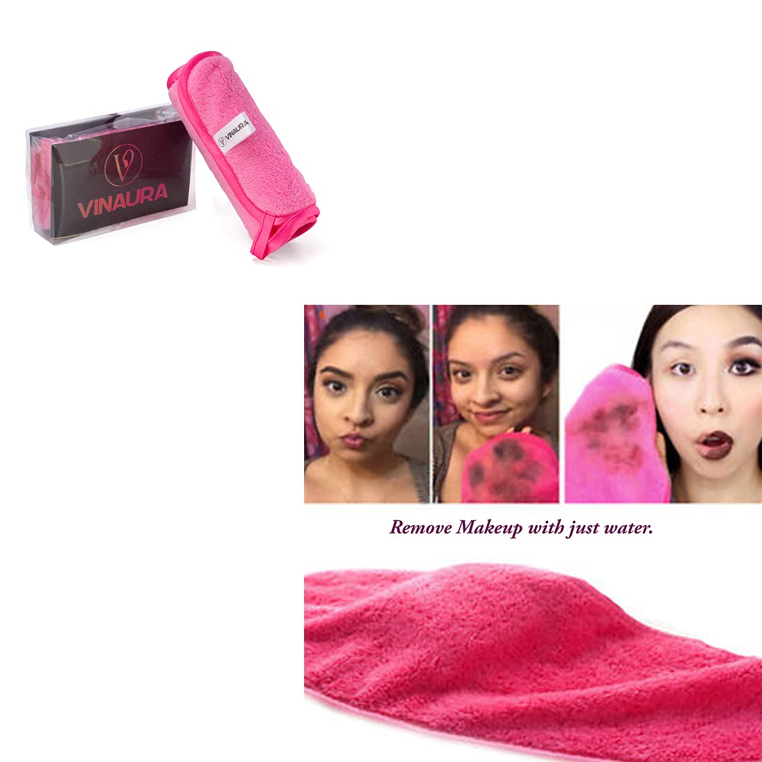 VINAURA Reusable Makeup Remover Towel - Instantly Removes Waterproof Face, Eye & Lip Makeup with Just Water | Soft Cleansing Pad Sponge Cloth for Gentle Makeup Removal | Perfect for Travel, Gym & Daily Skincare Routine (1pc)