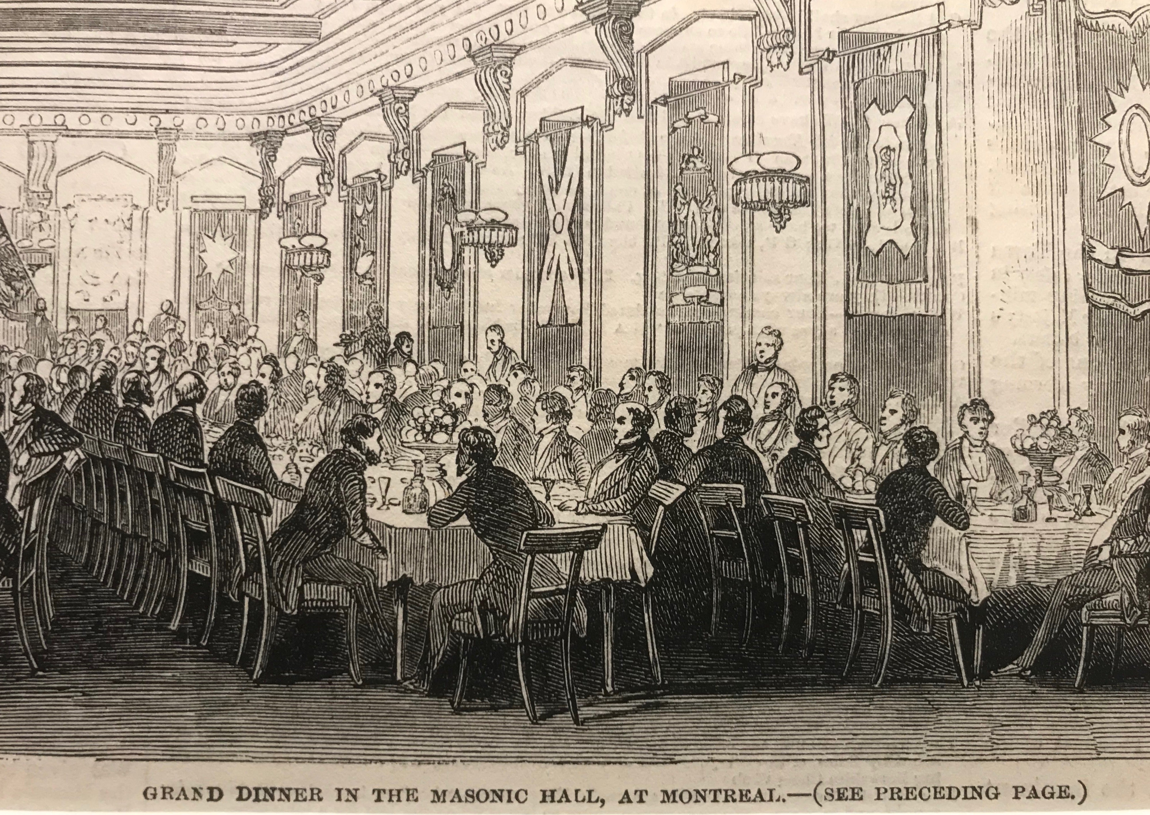 1860s Antique Engraving Print - London Illustrated News Historical Artwork - Masonic Temple Dinner Scene in Montreal - Perfect for Victorian Era Collectors & Home Decor