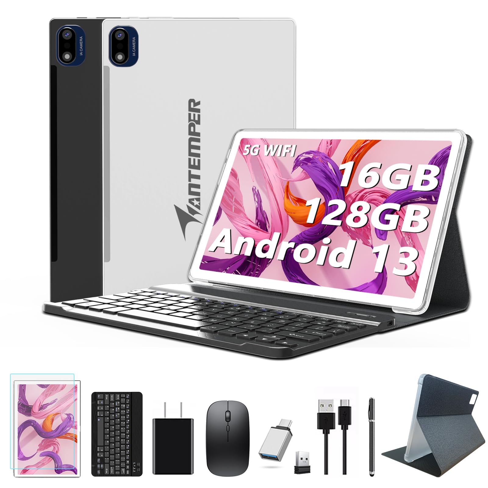 2025 Newest 10.1 Inch Android 13 Tablet with 5G WiFi, 16GB RAM & 128GB ROM (Expandable to 1TB), 2-in-1 Laptop with Keyboard, Mouse & Stylus - Octa-Core 2.0GHz, 7000mAh Battery, 1080FHD Display, 13MP Camera, WLAN GPS - Silver | Perfect for Work, Study & Entertainment On The Go