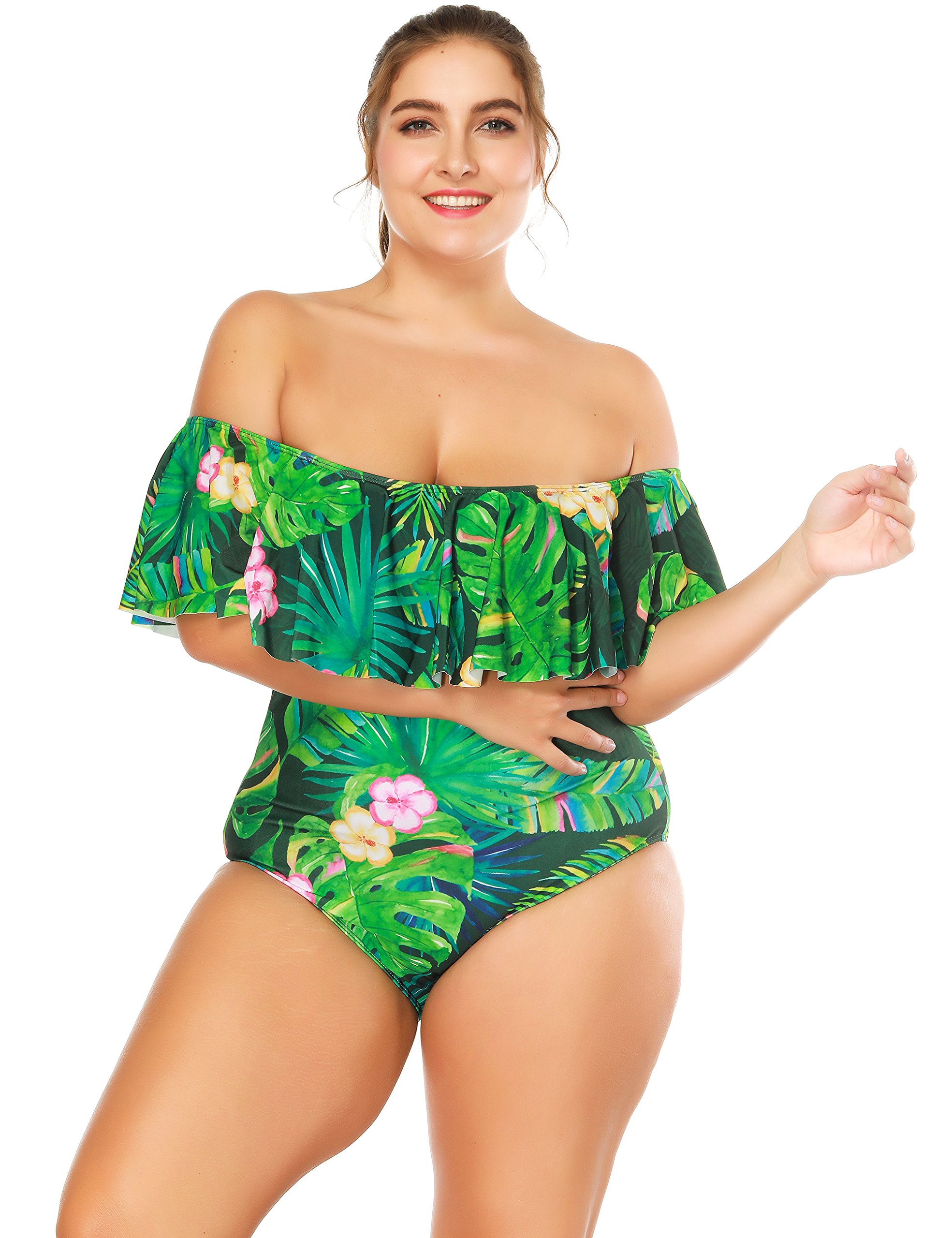 Vintage Printed Off Shoulder Flounce Ruffled Monokini Swimsuits for Women - Beach Vacation, Pool Party & Summer Swimwear