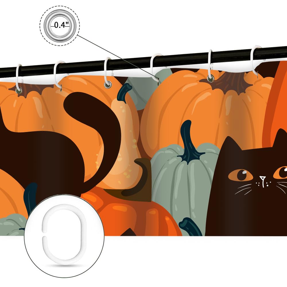 Black Cat Halloween Shower Curtain - 72x72 Inch Spooky Bathroom Decor with Pumpkins & Bats, Waterproof Polyester Fabric, Hocus Pocus Theme - Perfect for Fall Decorations, Halloween Parties & Gothic Bathroom Accessories (Includes Hooks)