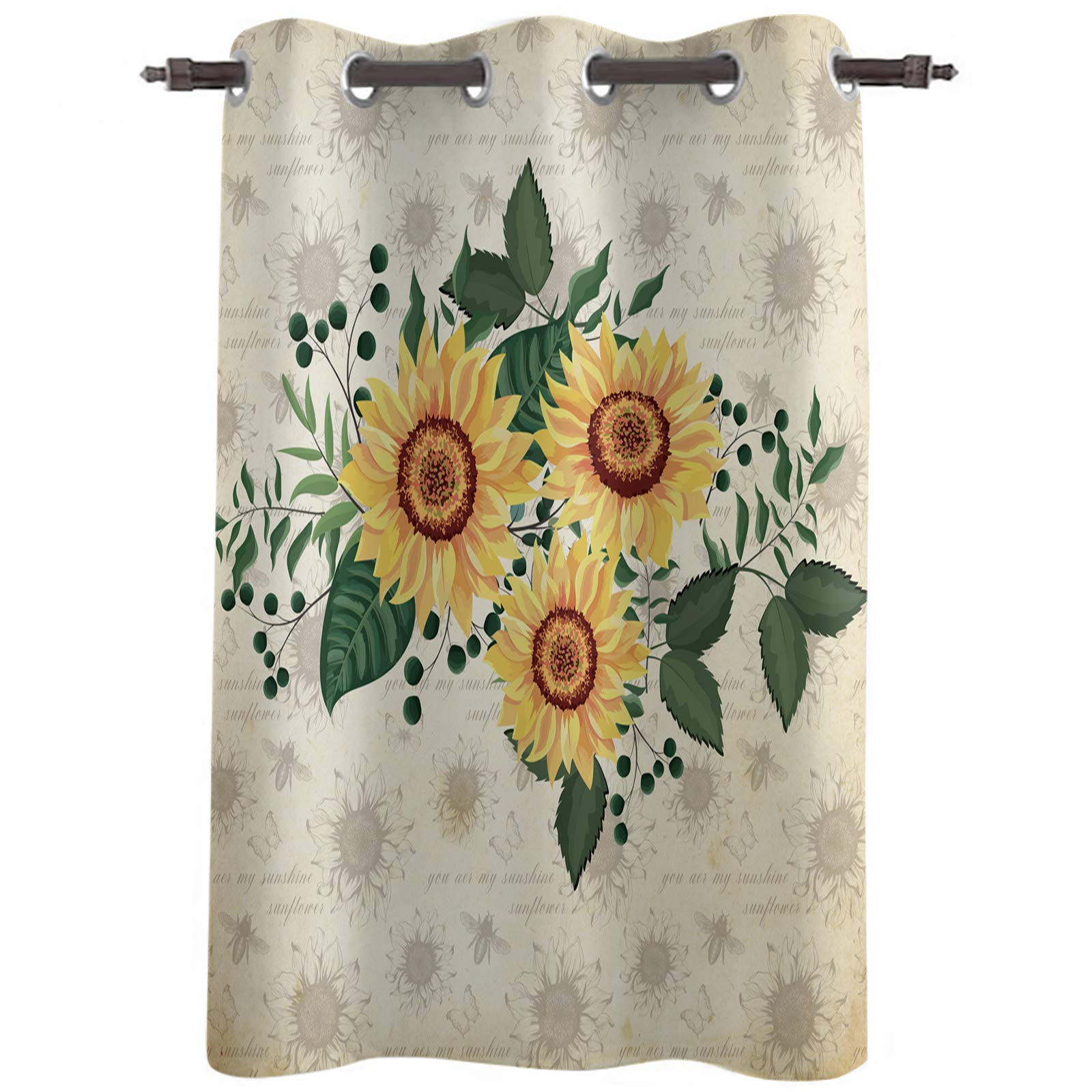 Sunflower Printed Window Curtains Panel 52x63 Inch - Durable Floral Drapes with Bee & Wooden Design for Bedroom, Living Room & Kitchen Decor | Perfect for Farmhouse, Boho & Cottage Style Homes