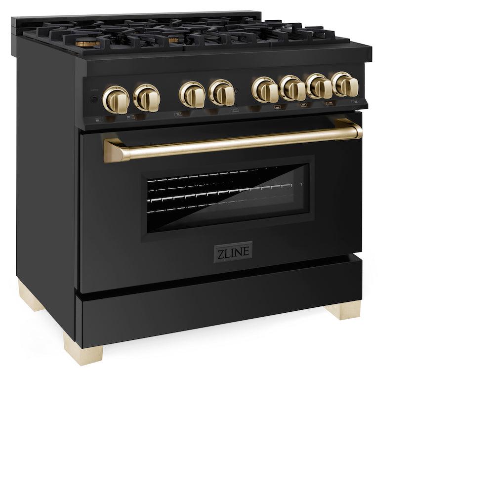 ZLINE Autograph Edition 36-inch Black Stainless Steel Dual Fuel Range with Range Hood & Dishwasher - Professional Kitchen Package with Polished Gold Accents (3AKP RABRHDWV36 G) | Perfect for Gourmet Cooking & Luxury Home Renovations