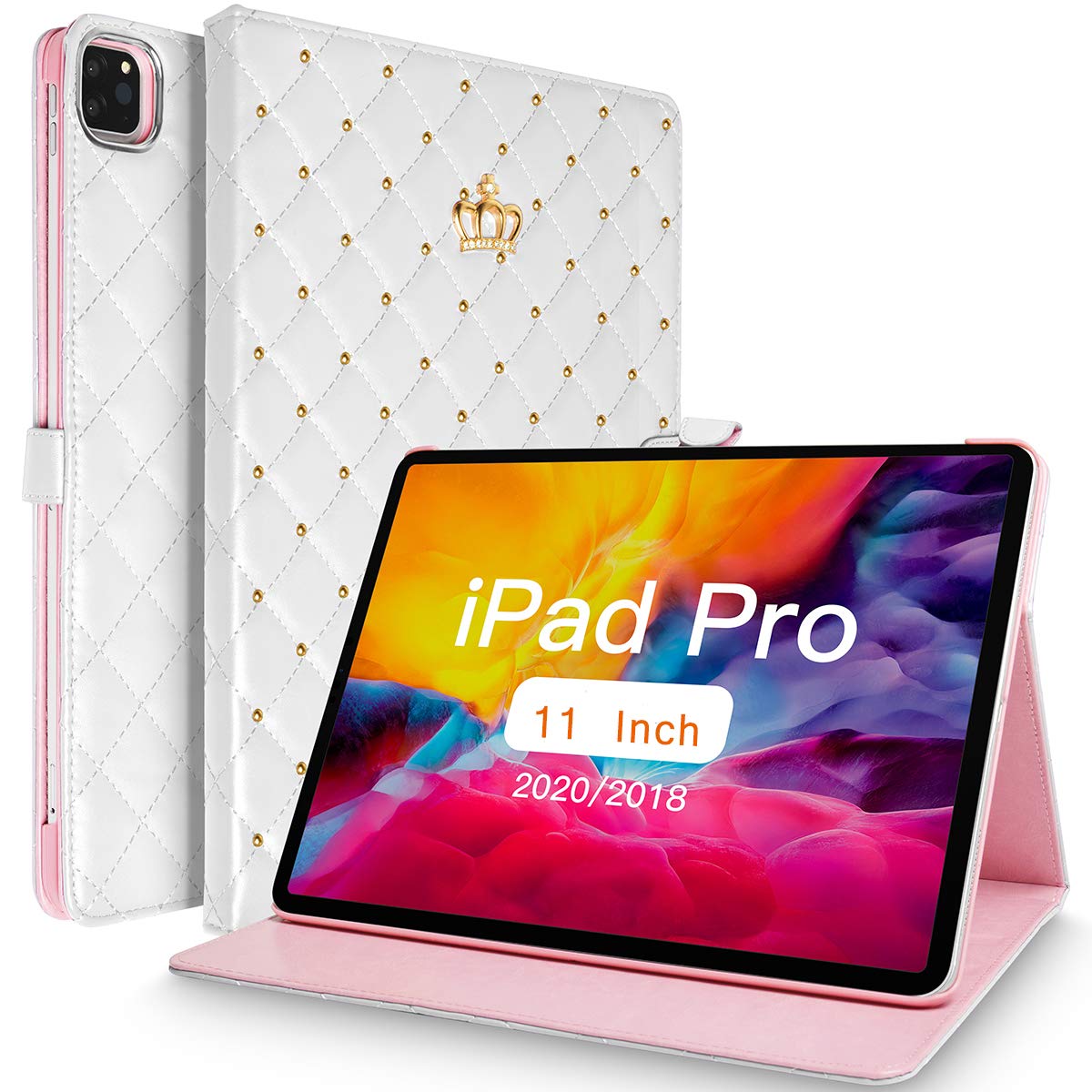 Topwin Bling Diamond PU Leather Case for iPad Air 11-inch (M2/5th/4th Gen) & iPad Pro 11-inch - Cute Protective Cover with Auto Sleep/Wake (White) | Perfect for Work, School & Travel Accessories