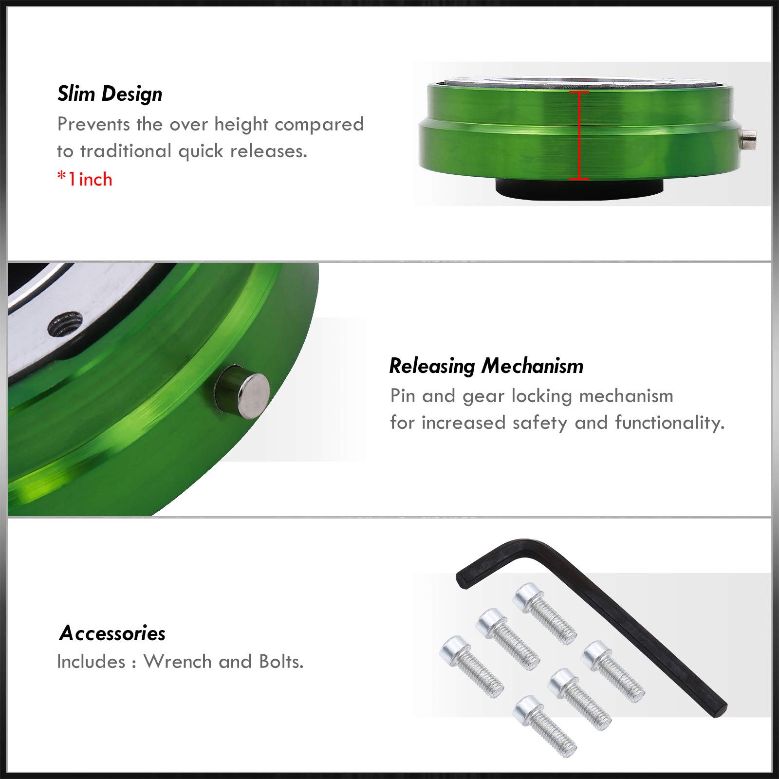 Universal JDM VIP USDM KDM DTM Euro 6-Bolt Quick Release Steering Wheel Adapter Hub Kit - Slim Aluminum Detachable Snap-Off Boss for Aftermarket Wheels (Green) - Perfect for Car Racing, Drifting & Custom Builds