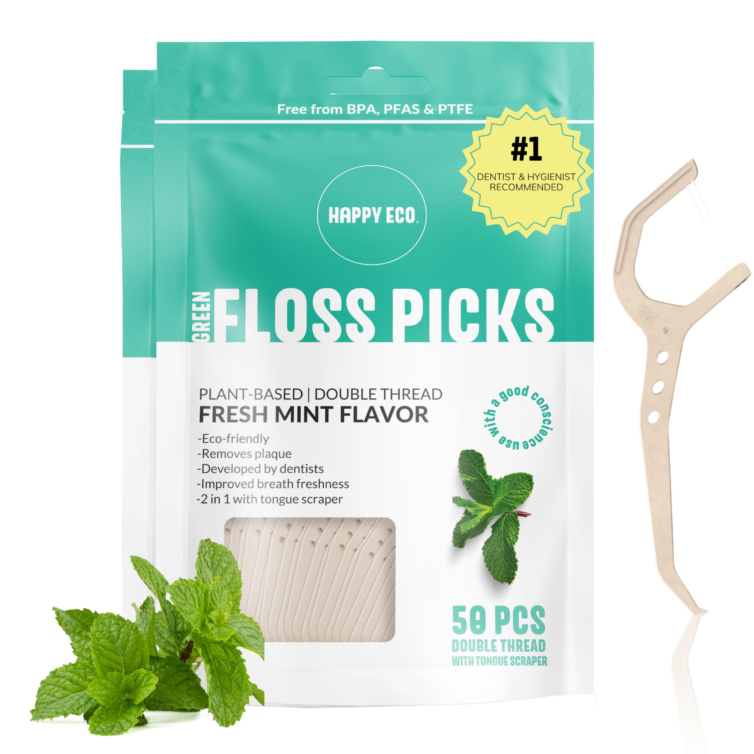 Biodegradable Dental Floss Picks 100 Pack - Natural Vegan Eco-Friendly Tooth Cleaners | Plant-Based Reusable Flossers for Travel, Home & Office Use - Gentle Non-Toxic Shred-Resistant Design