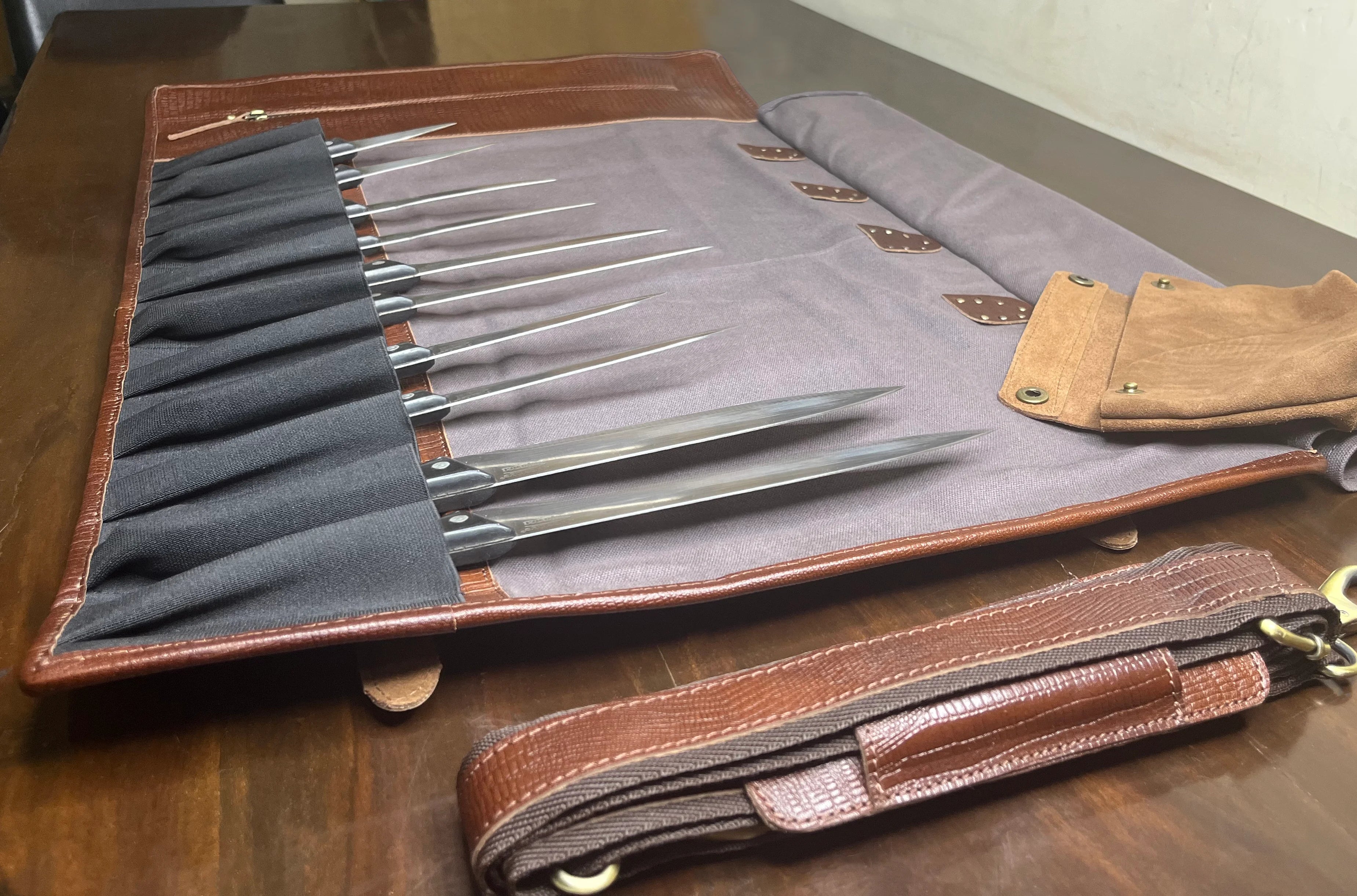 Premium Leather & Canvas Knife Roll Storage Bag for Chefs - Chocolate Grey - Ideal for Professional Kitchens, Culinary Schools & Home Cooking