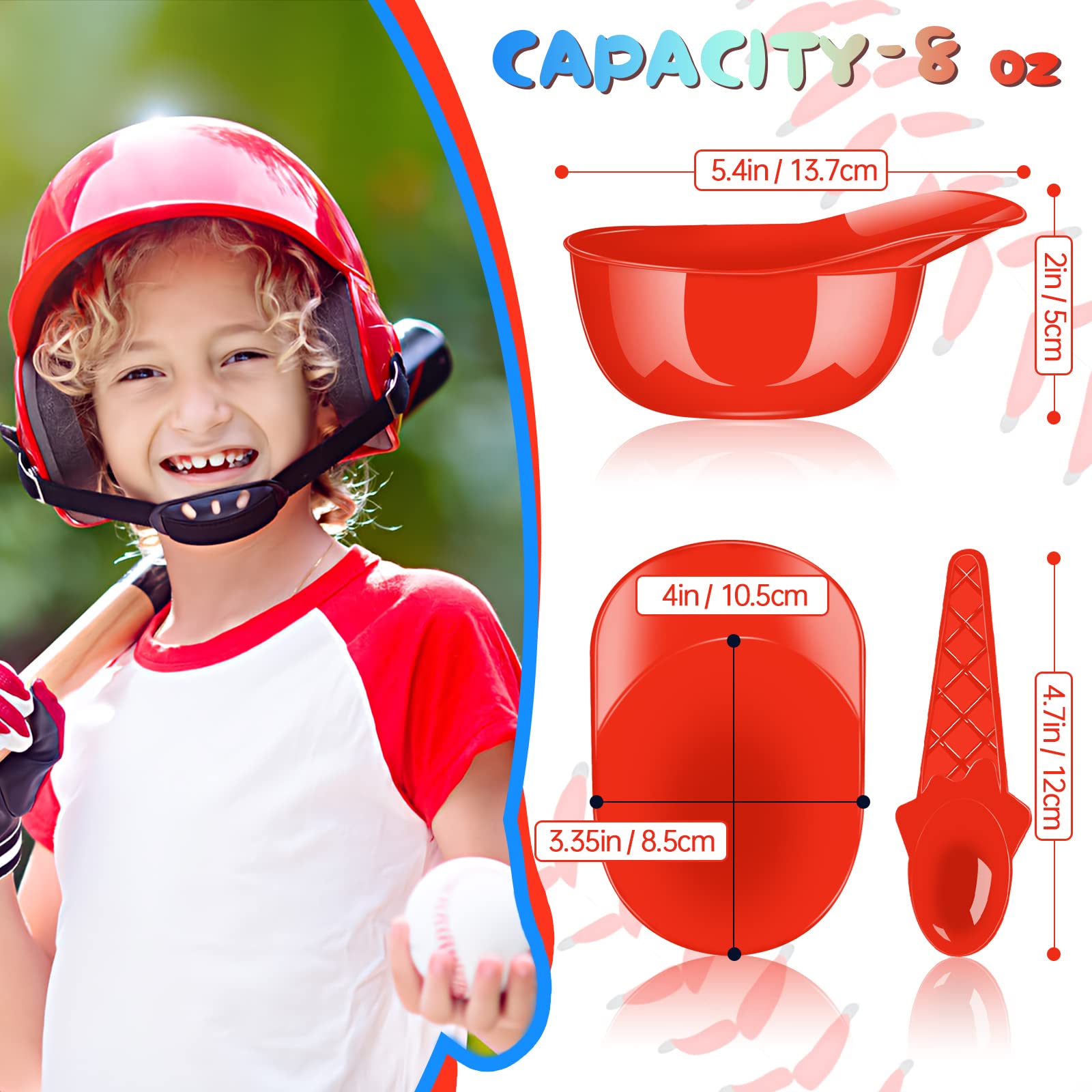 48 Pack Baseball Helmet Ice Cream Bowls with 24 Spoons and 24 Mini 8oz Dessert Cups - Reusable Sundae Bowls, Parfait Cups & Appetizer Dishes for Birthday Parties, Sports Events & Summer Treats