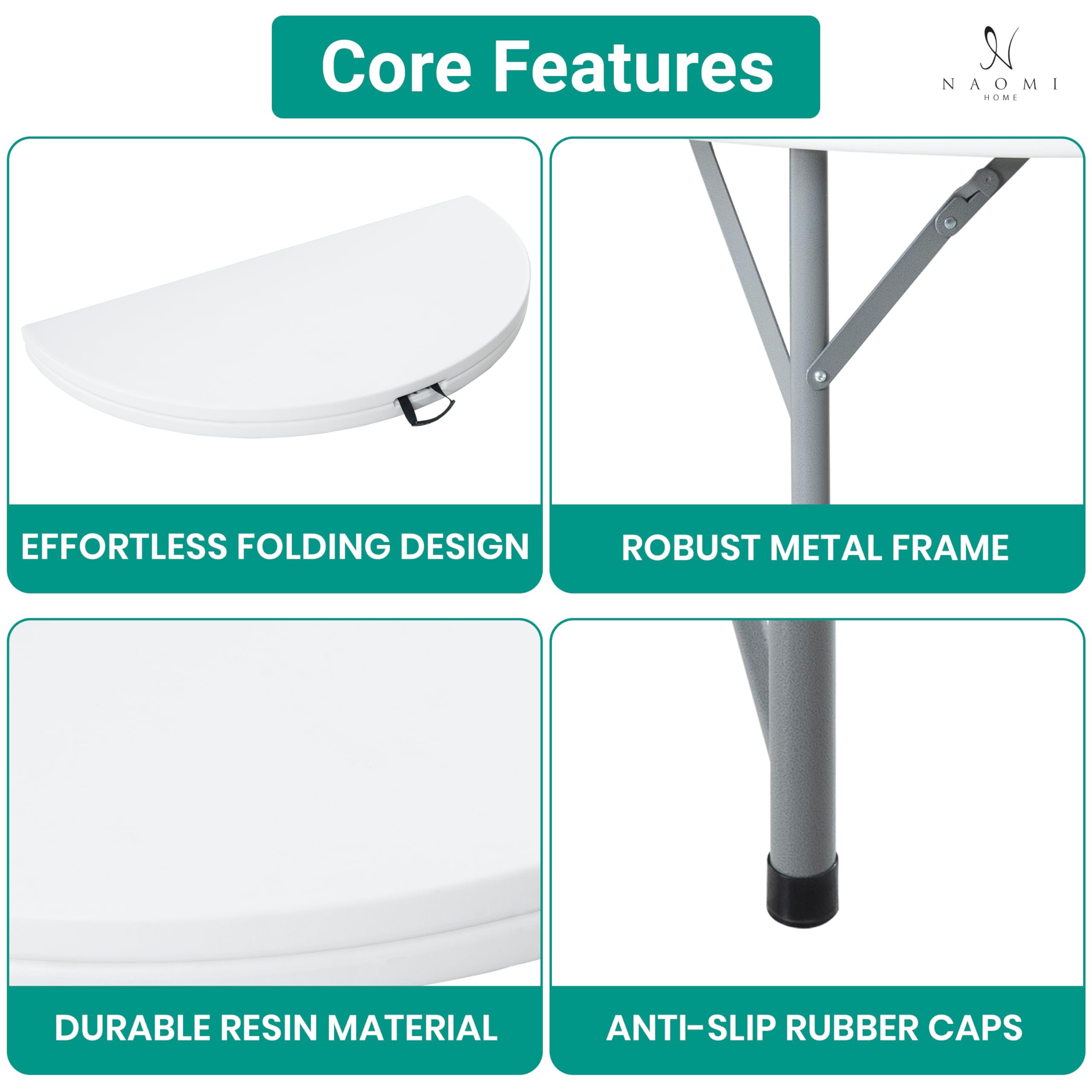 Naomi Home 60-Inch Round Folding Table - Lightweight Durable Bi-Fold Portable Plastic Table with Carrying Handle, White Resin Surface & Sturdy Steel Frame for Indoor Outdoor Use - Perfect for Parties, Picnics, Camping, and Home Events