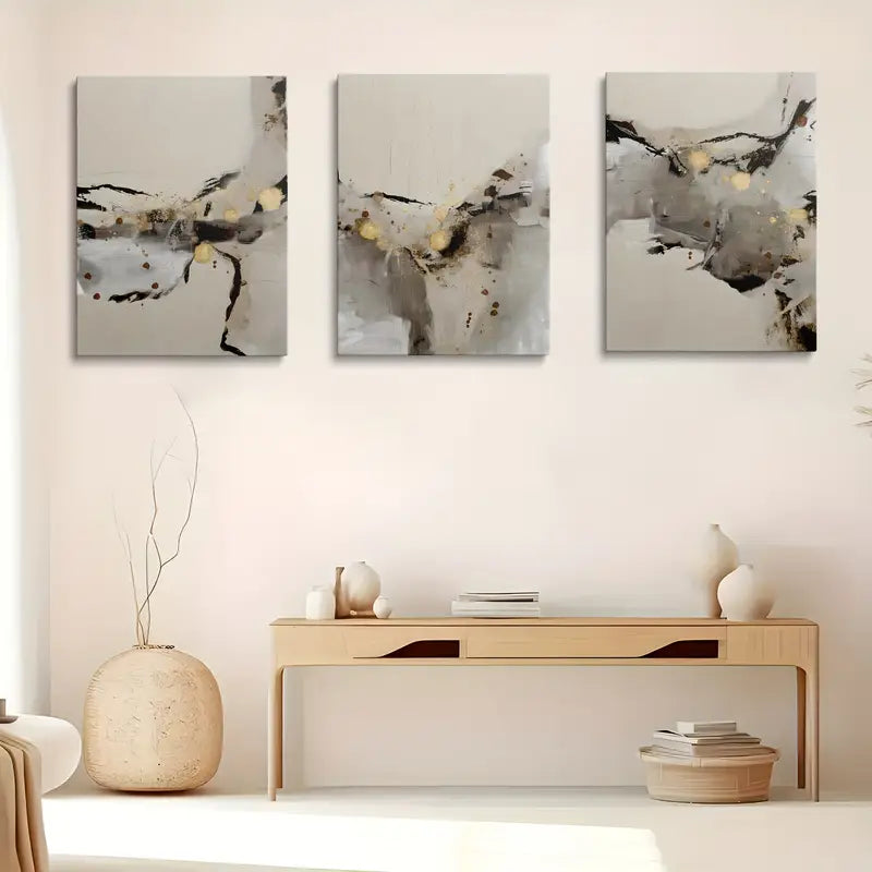 3-Piece Abstract Black Grey Gold Metal Wall Art Prints - Classic Modern Design, Ready to Hang - Perfect for Living Room, Bedroom & Office Decor