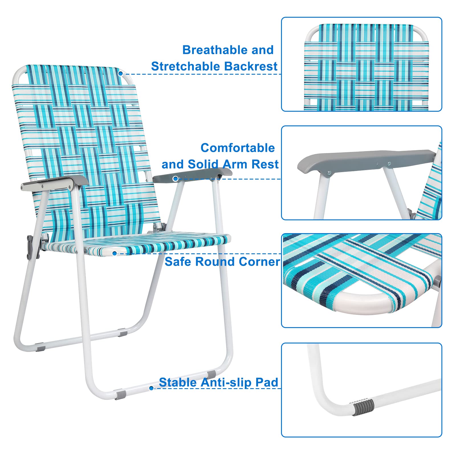 VINGLI 4-Pack Webbed Folding Chairs for Patio, Lawn, Beach & Outdoor Dining - Portable Garden Chairs for Yard, Camping & Picnics (White & Blue, Classic Design)