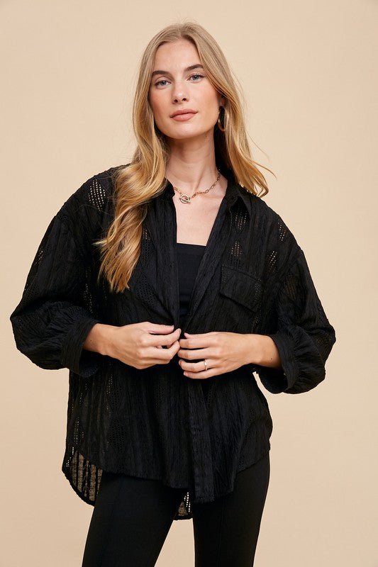 Annie Wear Women's Openwork Button Down Drop Shoulder Blouse - Stylish Lace Detail Casual Shirt for Work, Date Night & Summer Outfits