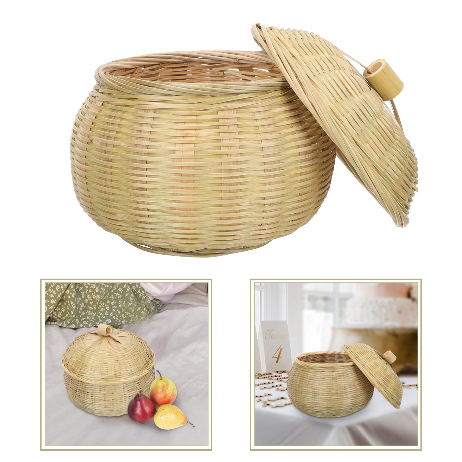 YARDWE Bamboo Woven Storage Basket with Lid - 15x14cm Round Organizer Bin for Food, Bread, Table Decor | Perfect for Kitchen, Pantry & Home Organization