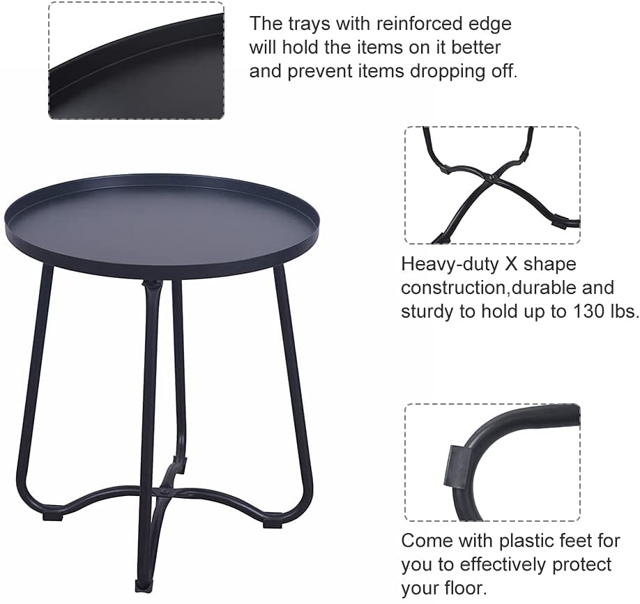 Black Round Metal Patio Side Table with Tray Top - Outdoor End Table, Nightstand for Living Room, Bedroom, Yard & Balcony - Perfect for Snacks, Drinks & Small Spaces